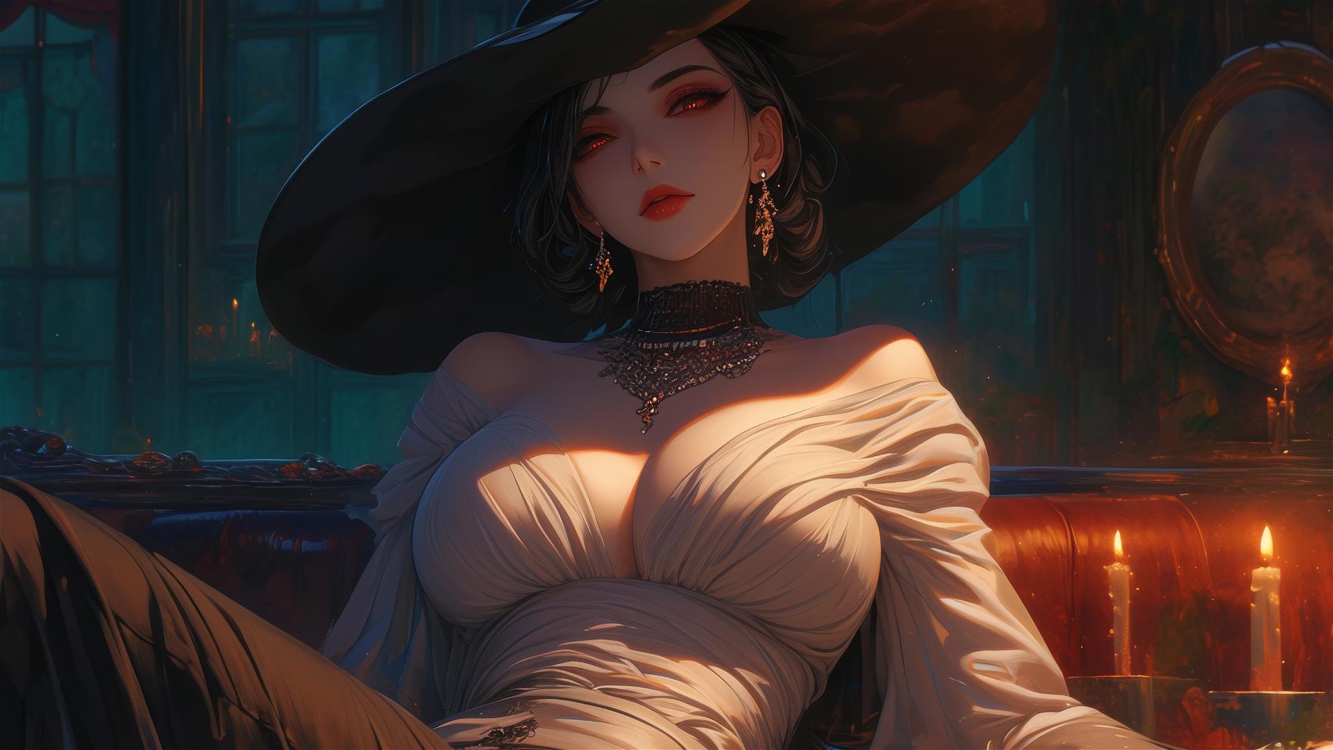 Lady Dimitrescu from Resident Evil resting under red moonlight, gothic elegant.