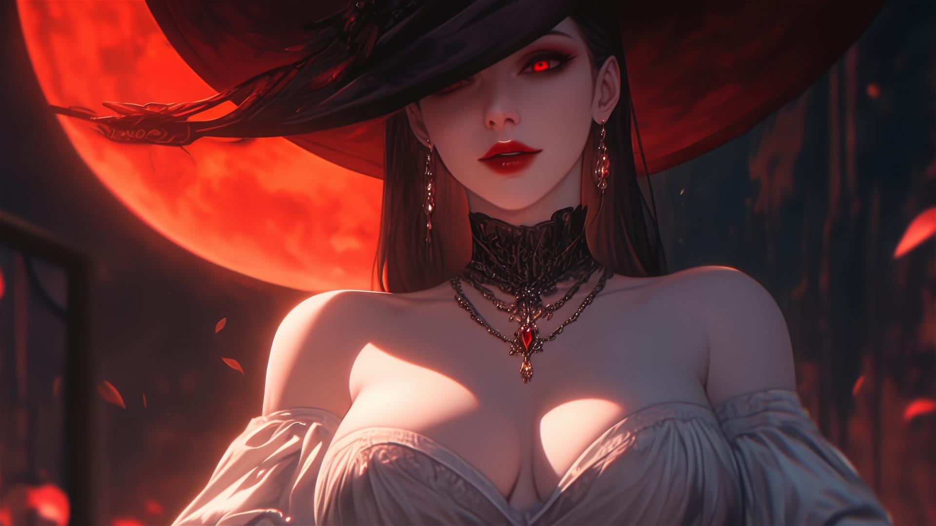 Lady Dimitrescu resting with red moonlight glow, gothic elegance and horror beauty.