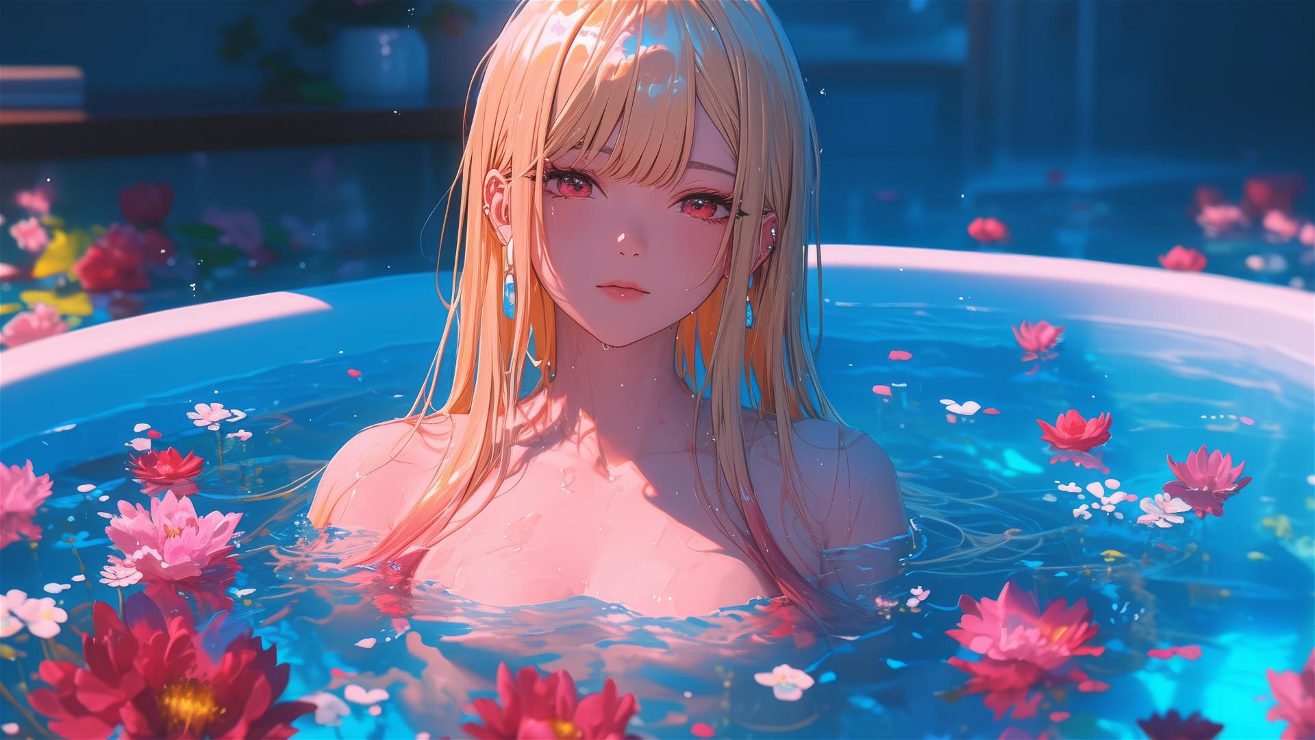 Marin Kitagawa in a tub full of flowers, Chinese spa, silky blonde hair