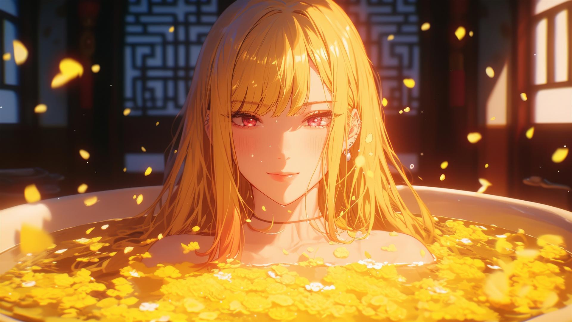 Marin Kitagawa in a tub of flowers at a Chinese spa with blonde and pinkish-red hair