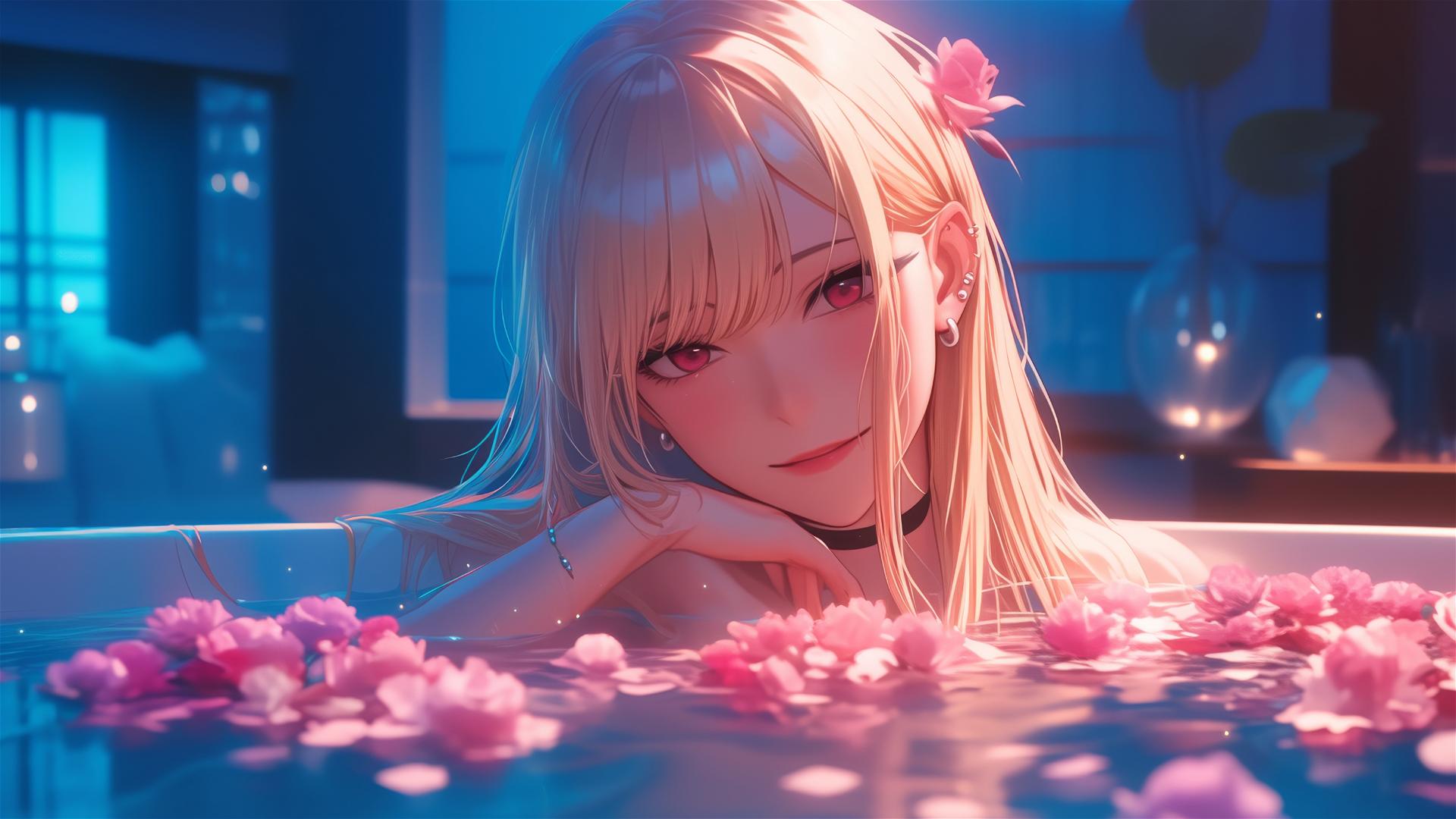Marin Kitagawa in a tub full of flowers at a Chinese spa
