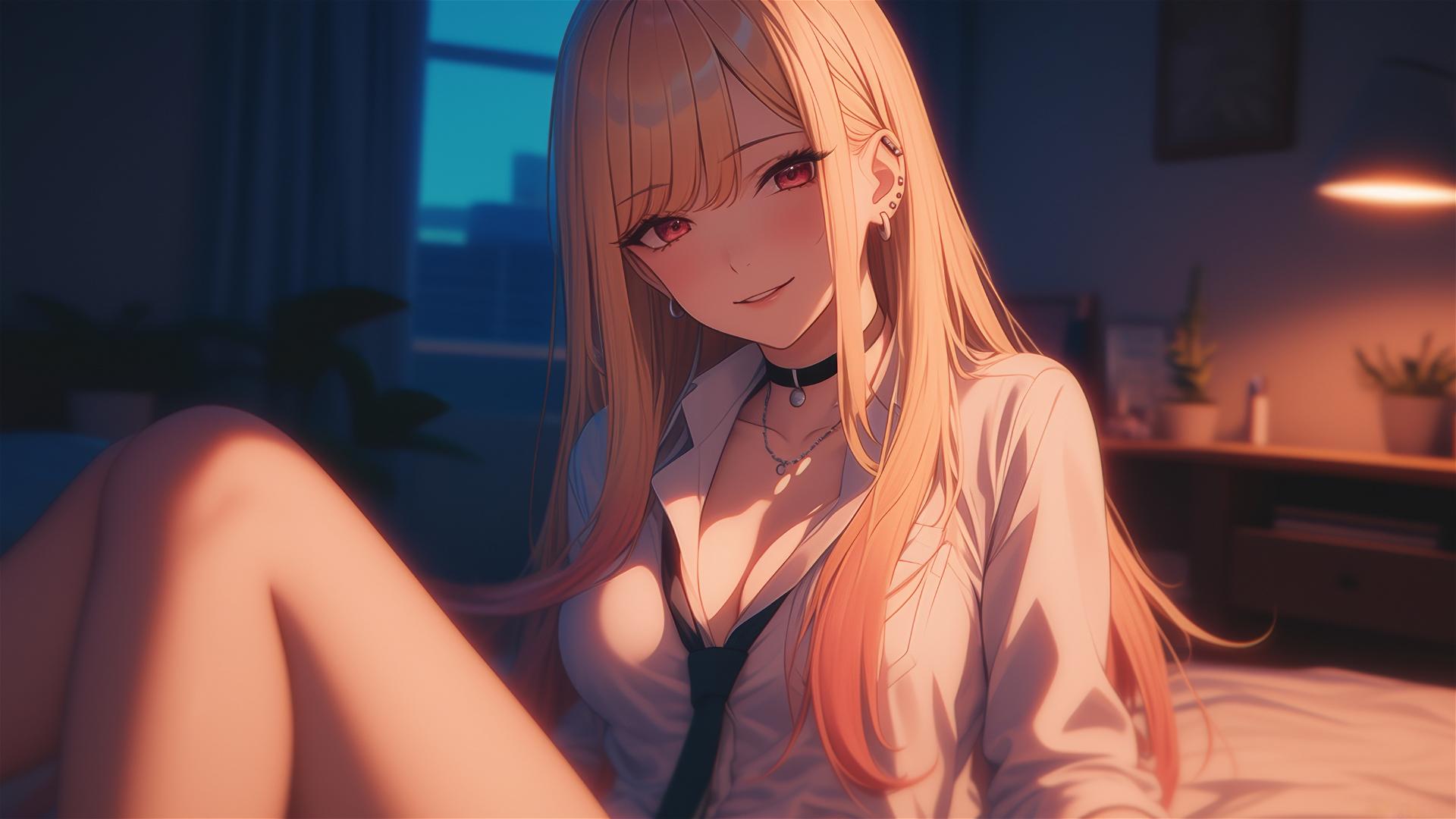 Marin Kitagawa from Kurikami City sitting on hotel bed with moonlight