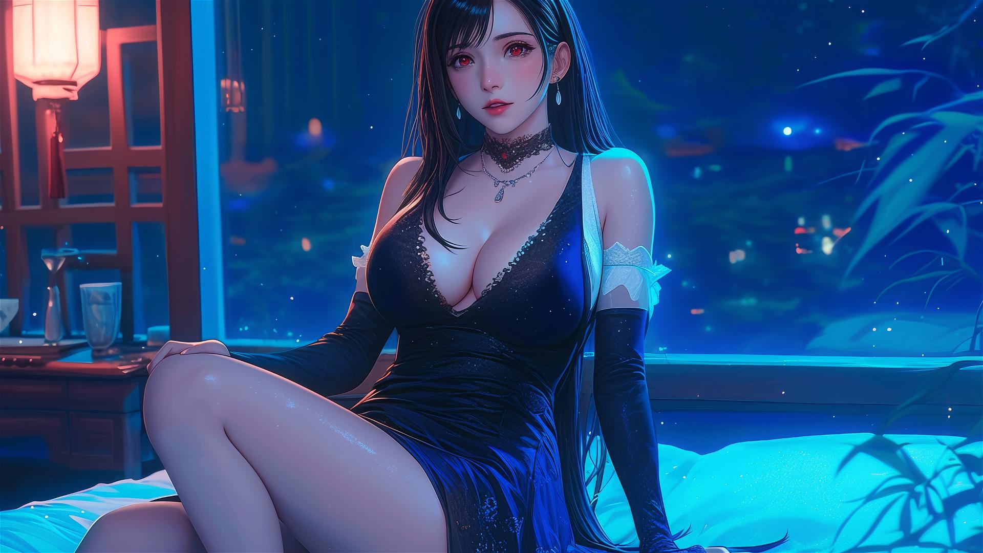 Tifa Lockhart from Final Fantasy resting in her room under moonlight