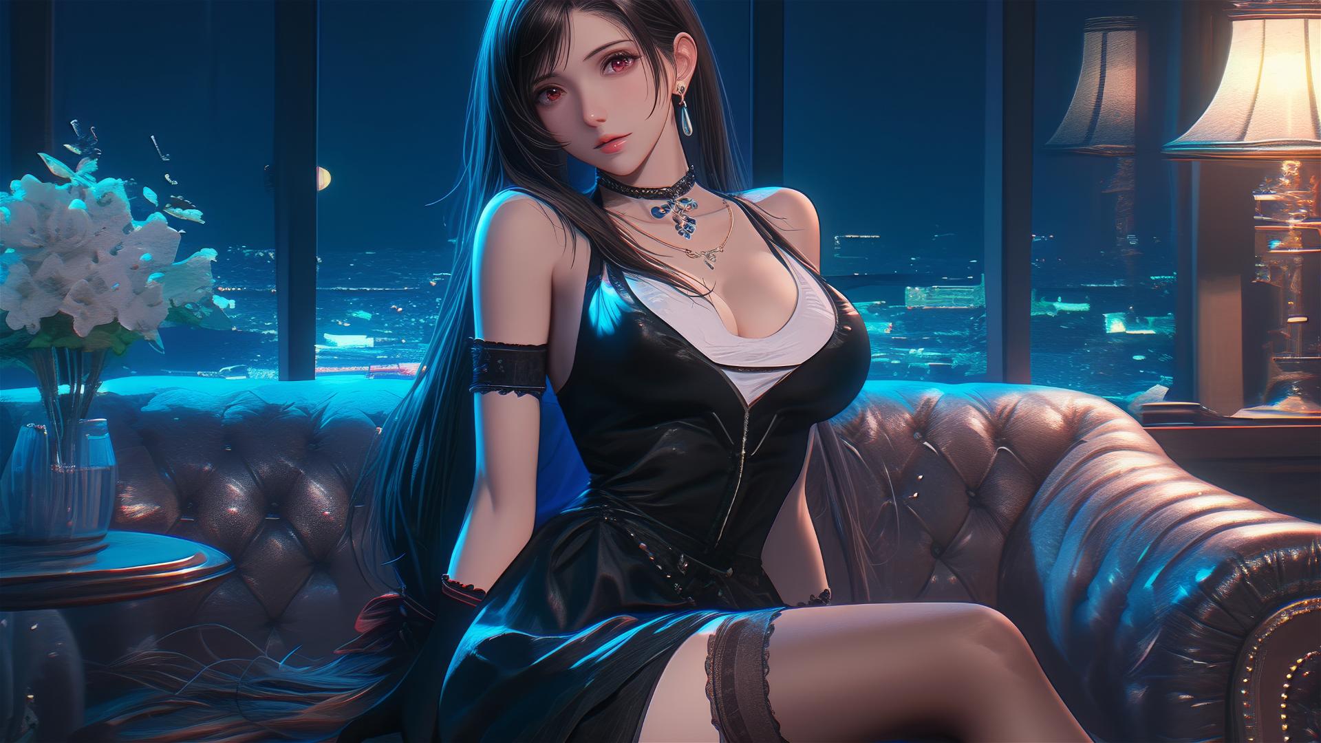 Tifa Lockhart in bold dress resting in room with moonlight glow
