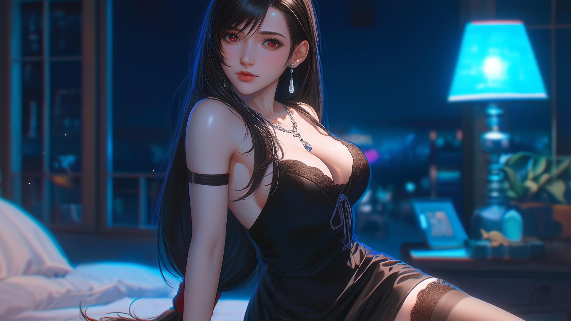Tifa Lockhart in a bold dress resting in her room under moonlight.