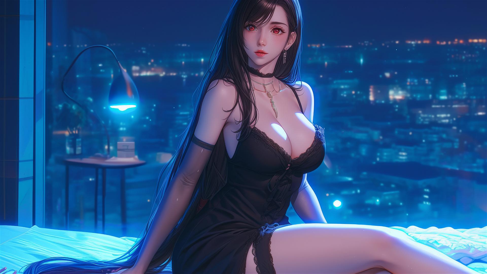 Tifa Lockhart from Final Fantasy in a bold dress, resting in her room under moonlight.