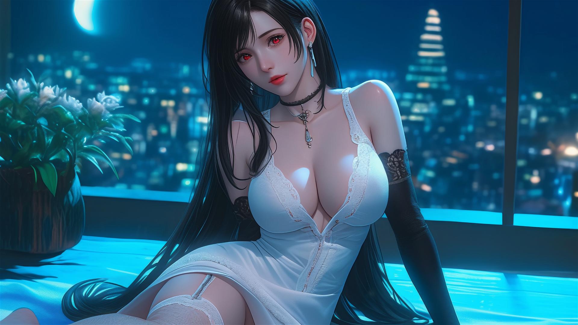 Tifa Lockhart resting in her room with moonlight casting a glow.