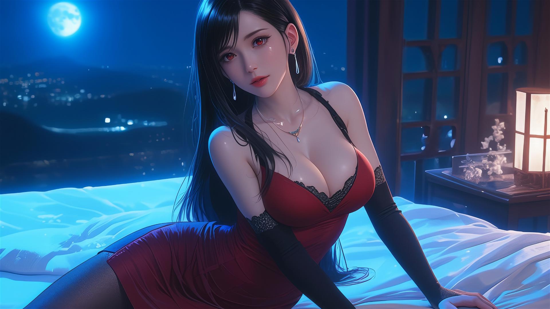 Tifa Lockhart resting in her room with moonlight glow