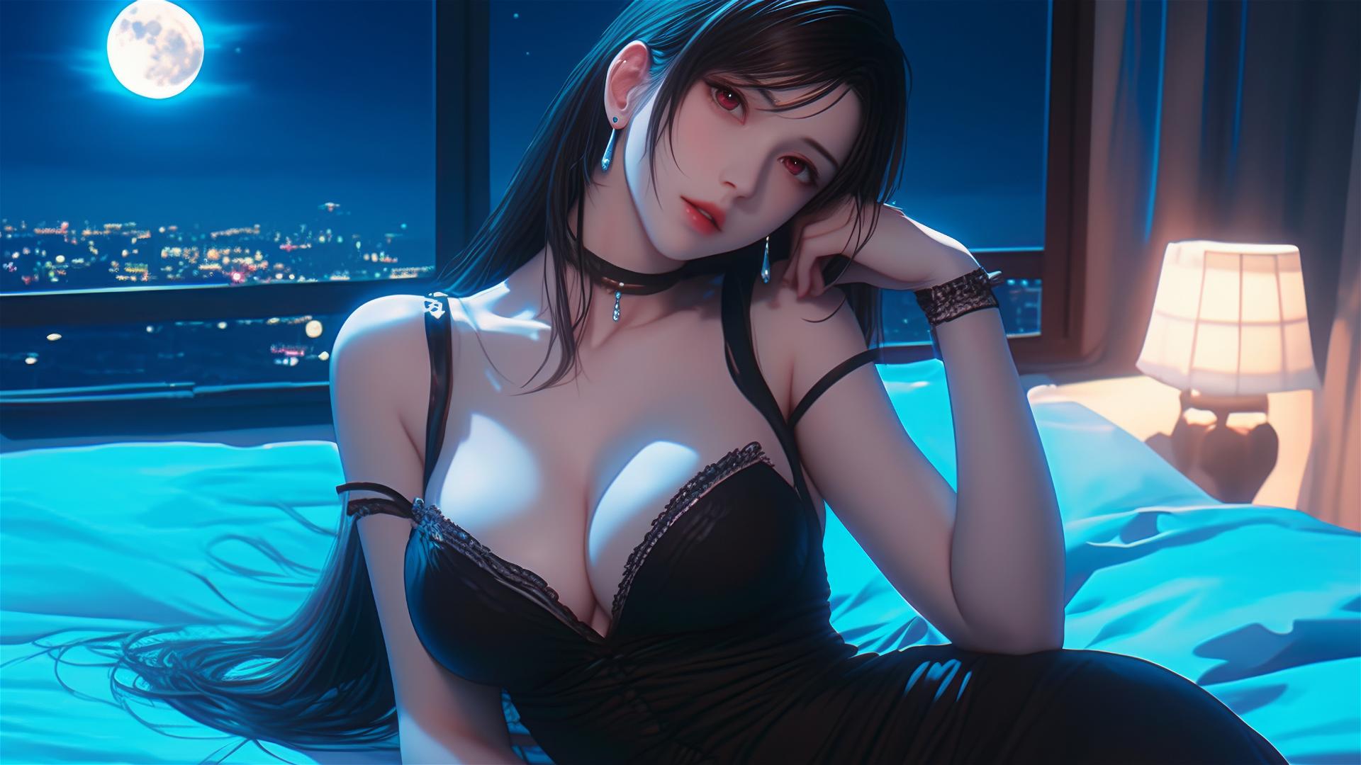 Tifa Lockhart in bold dress, resting in her room under moonlight.