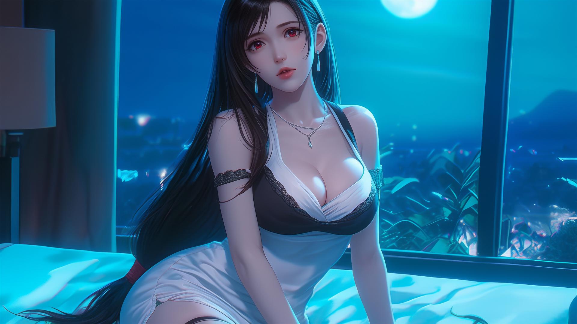 Tifa Lockhart in bold dress relaxing in her room with moonlight glow