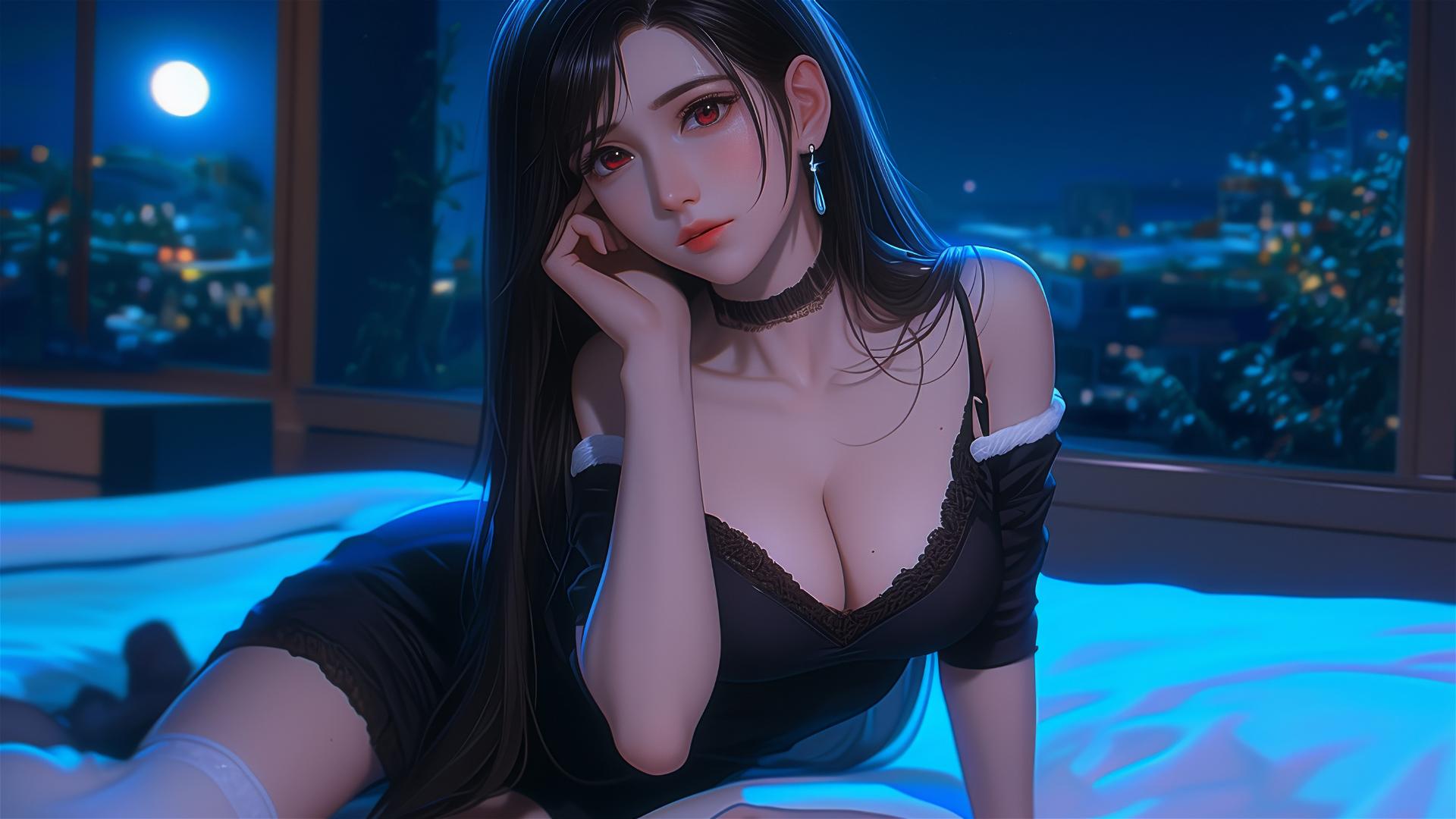 Tifa Lockhart in black pajamas resting in her room with moonlight.