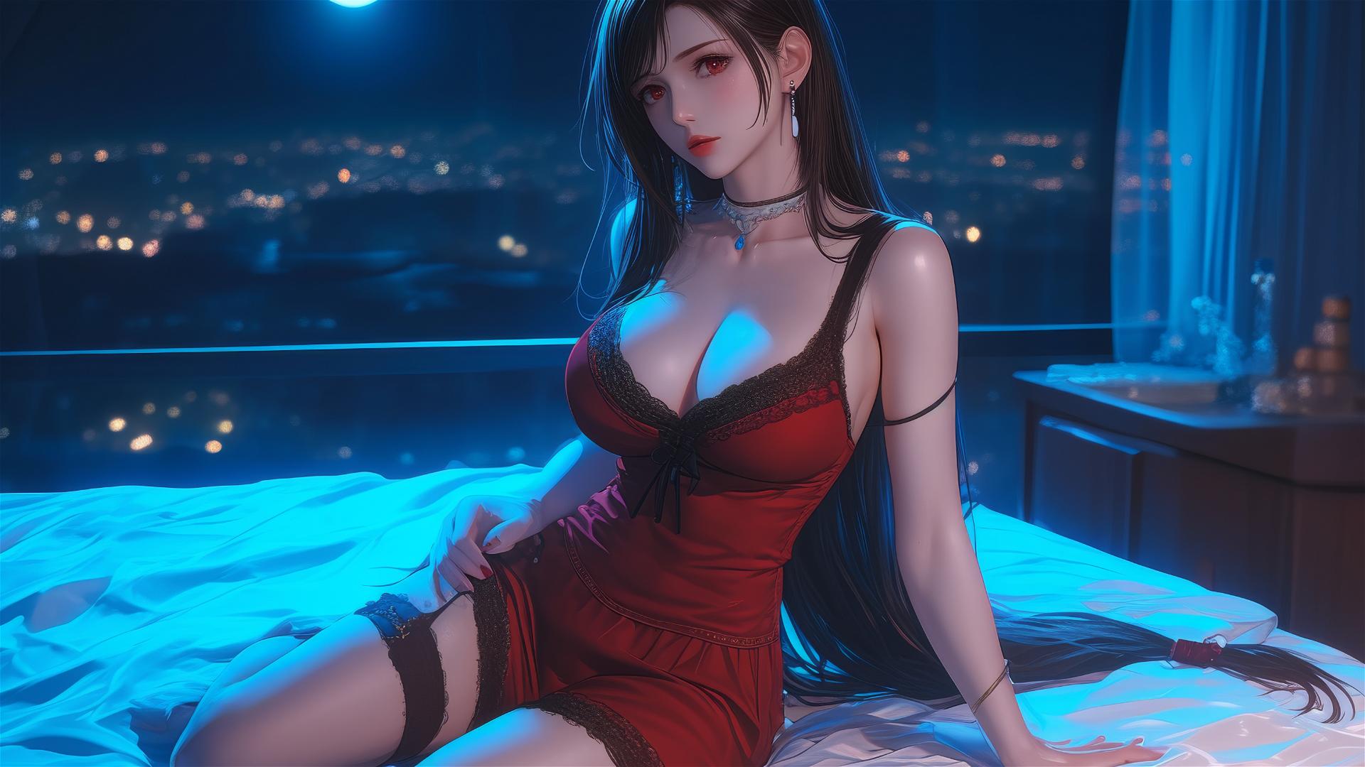 Tifa Lockhart from Final Fantasy in red pajamas, resting in her room with moonlight glow.