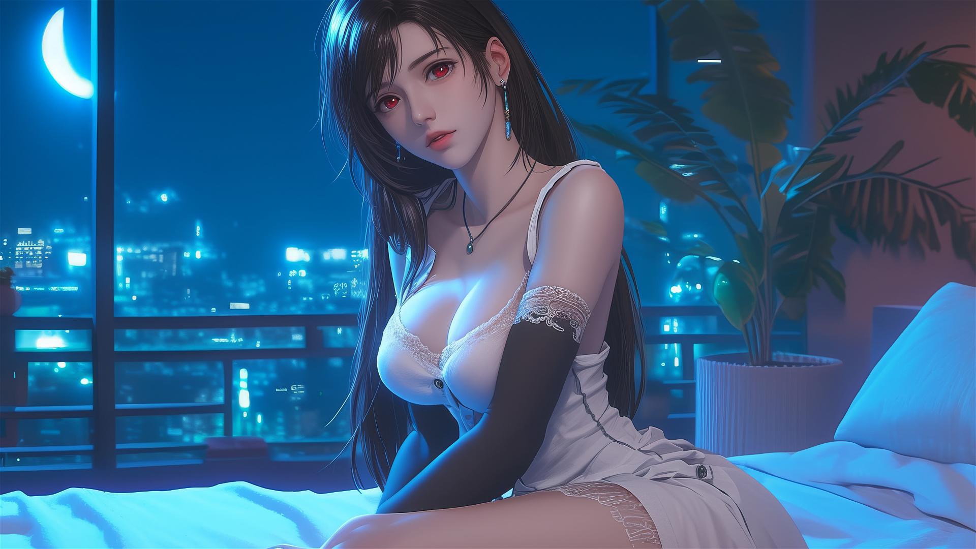 Tifa Lockhart in white pajamas resting under moonlight