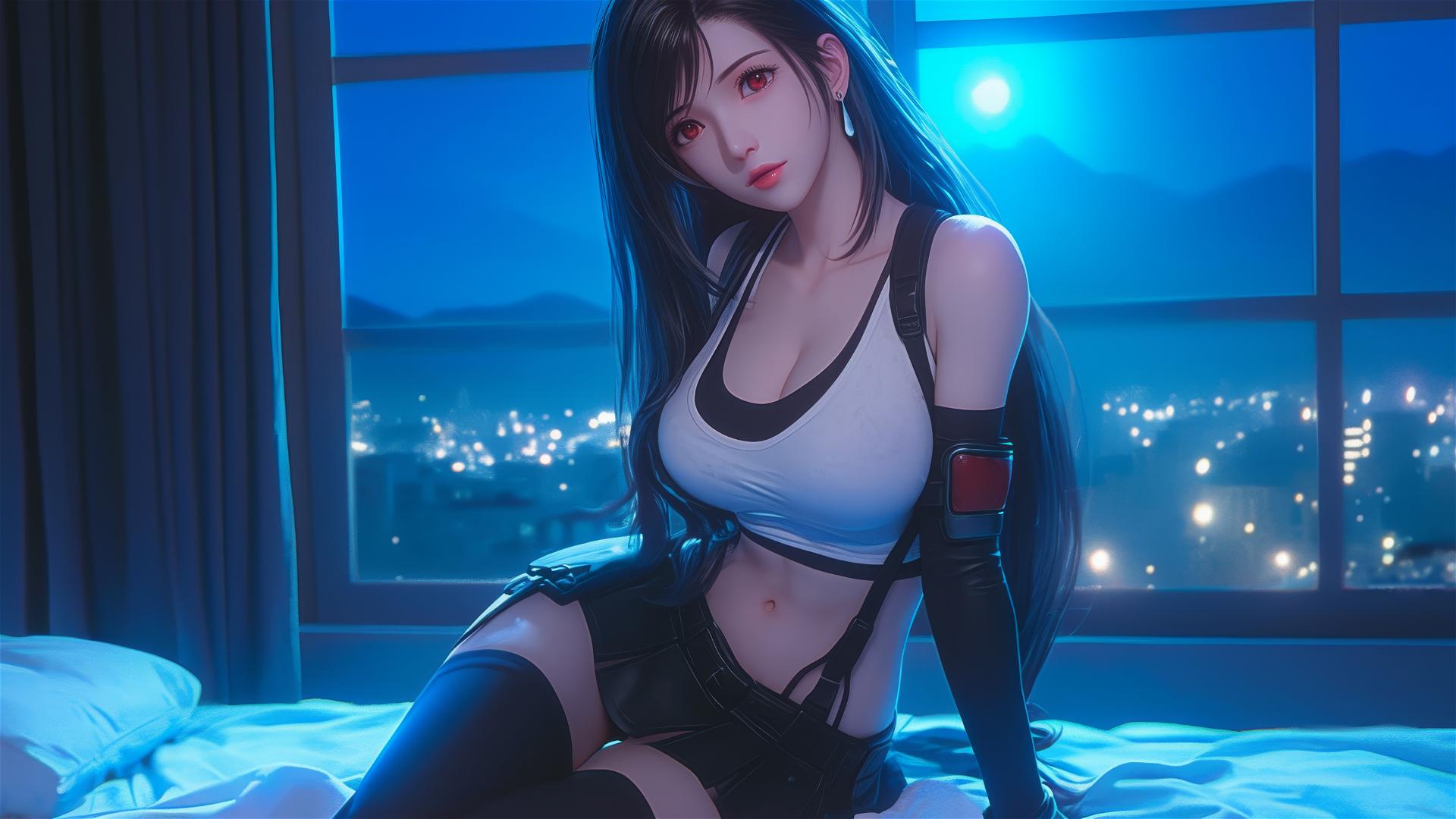 Tifa Lockhart resting in her room, bathed in moonlight.