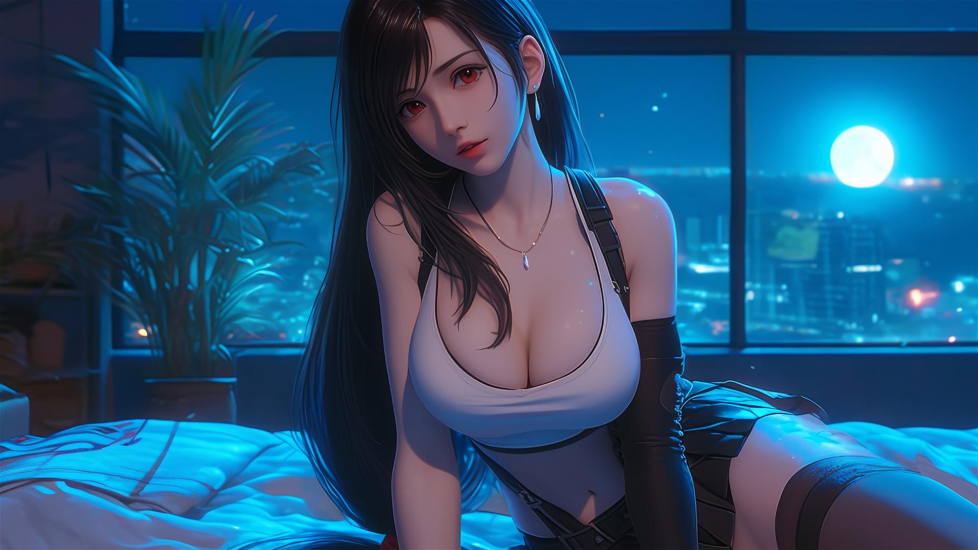 Tifa Lockhart resting in her room with moonlight glow.