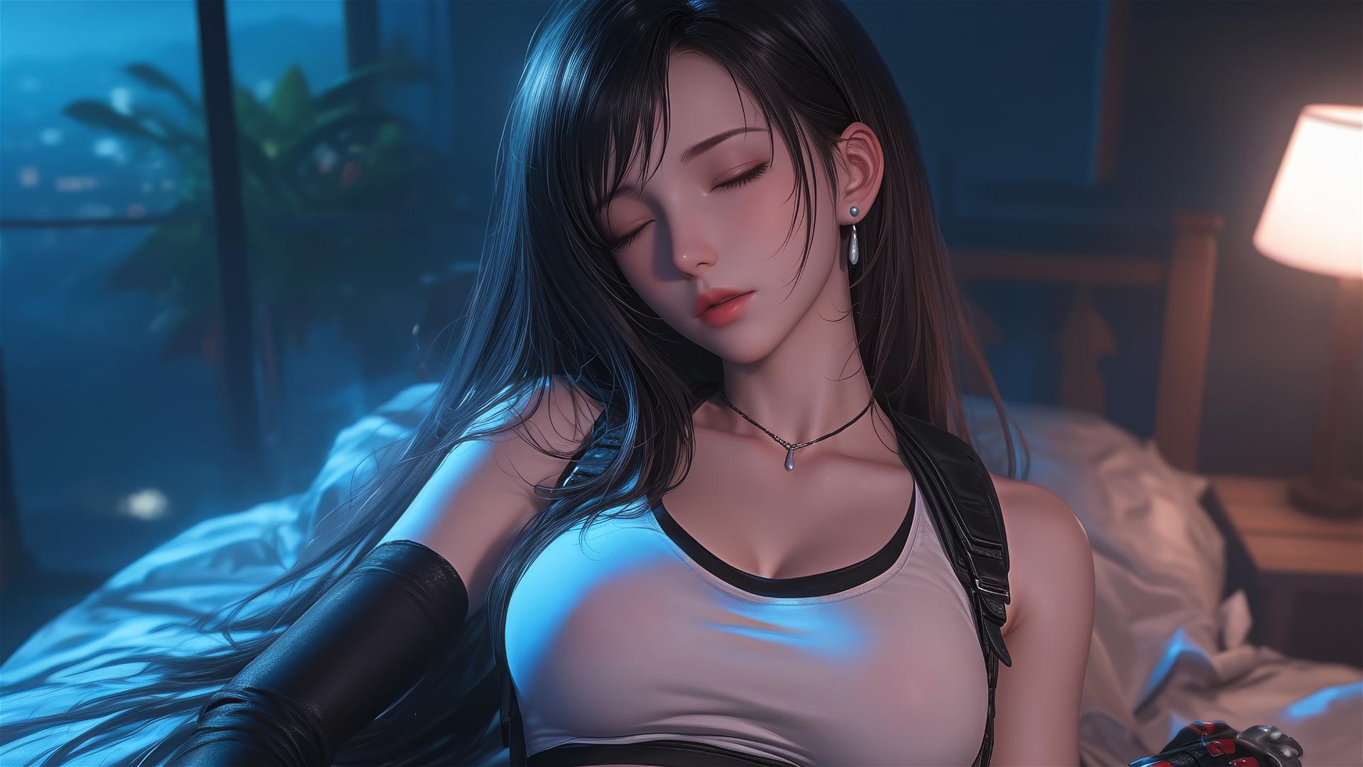 Tifa Lockhart relaxing in her room, bathed in moonlight