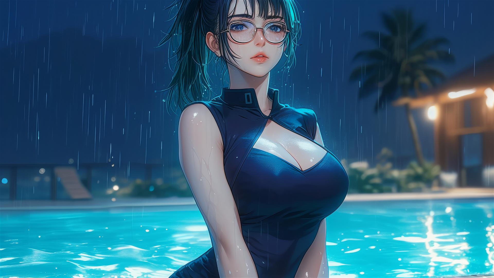 Maki Zenin from Jujutsu Kaisen resting by the pool in moonlight with glasses, rainy.
