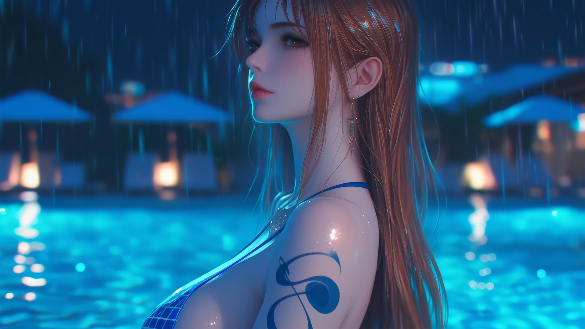 Nami from One Piece resting by a pool under moonlight and rainy weather