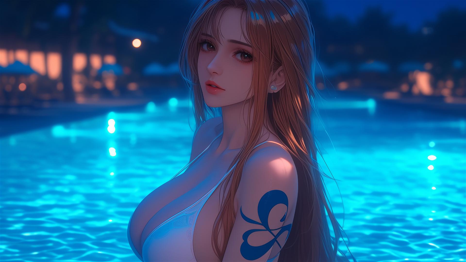 Nami from One Piece resting by the swimming pool under moonlight in the rain