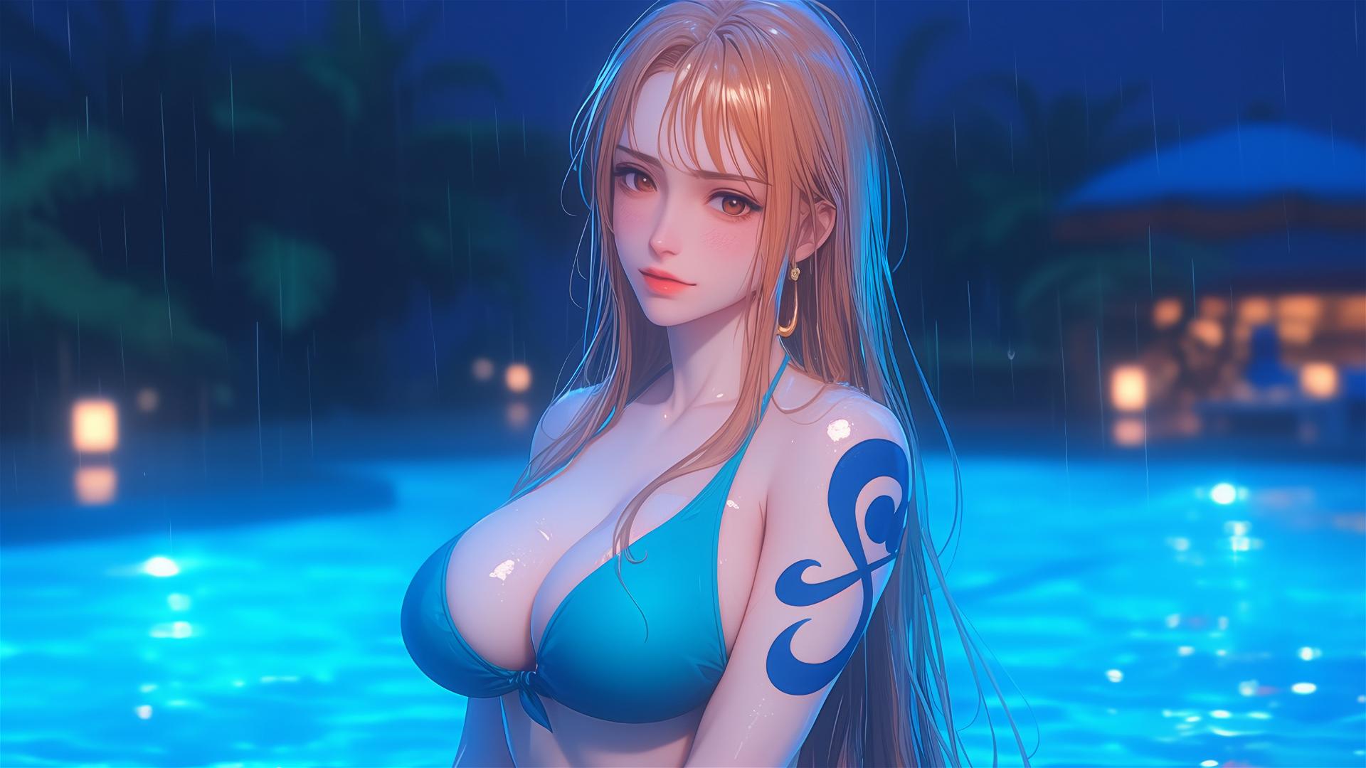 Nami from One Piece resting by a pool under moonlight, rainy night