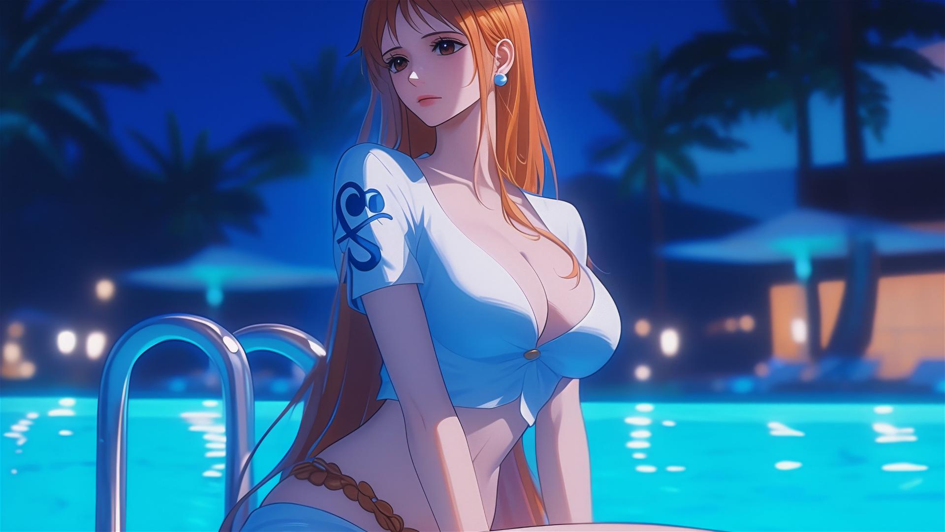 Nami from One Piece, relaxing by a swimming pool under moonlight, in the rain.