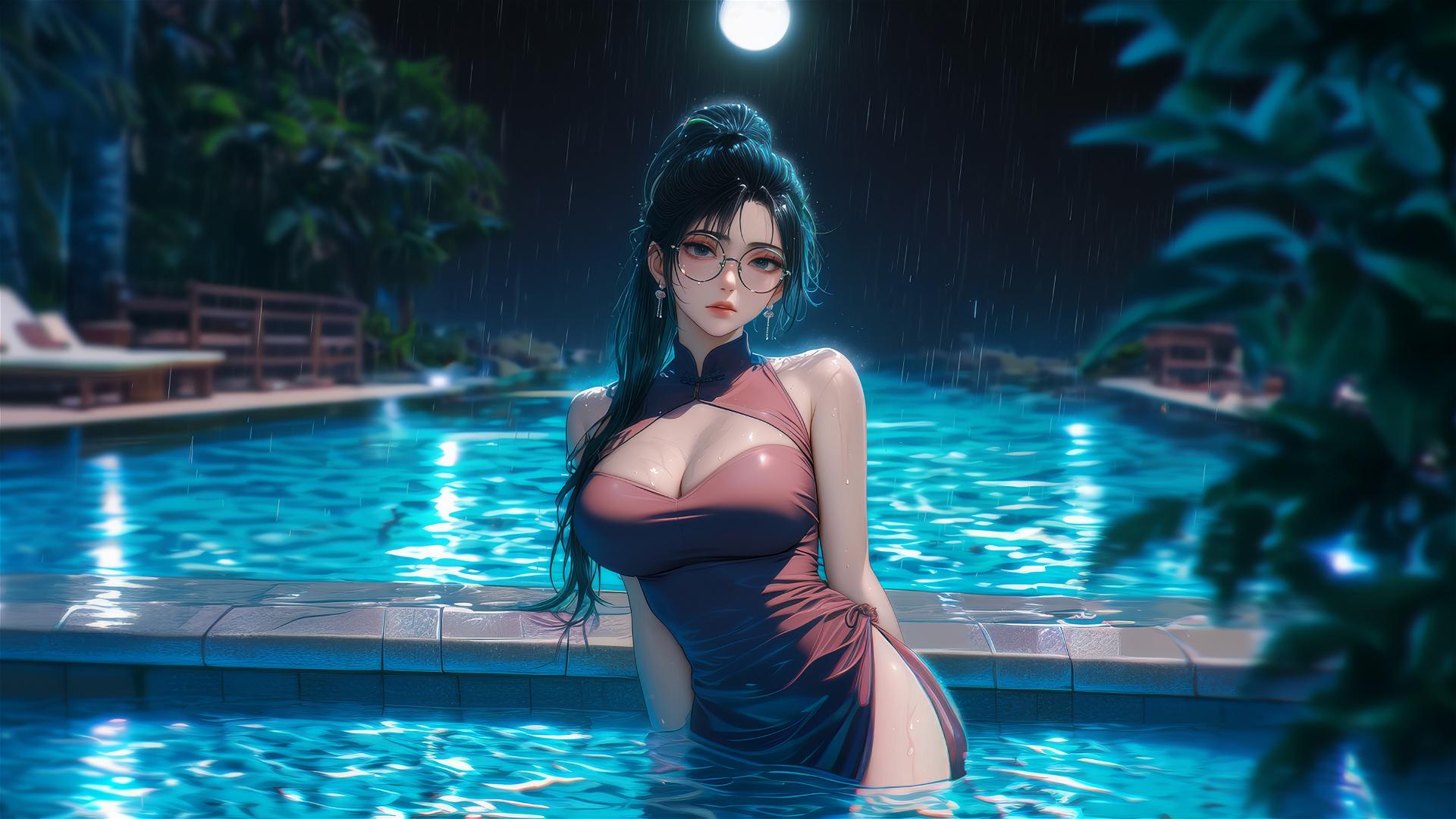 Maki Zenin resting by the pool under moonlight, wearing glasses and a pink dress