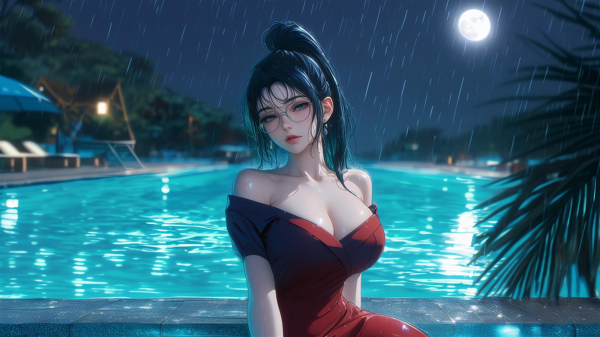 Maki Zenin from Jujutsu Kaisen rests by the pool under moonlight wearing glasses and a red dress
