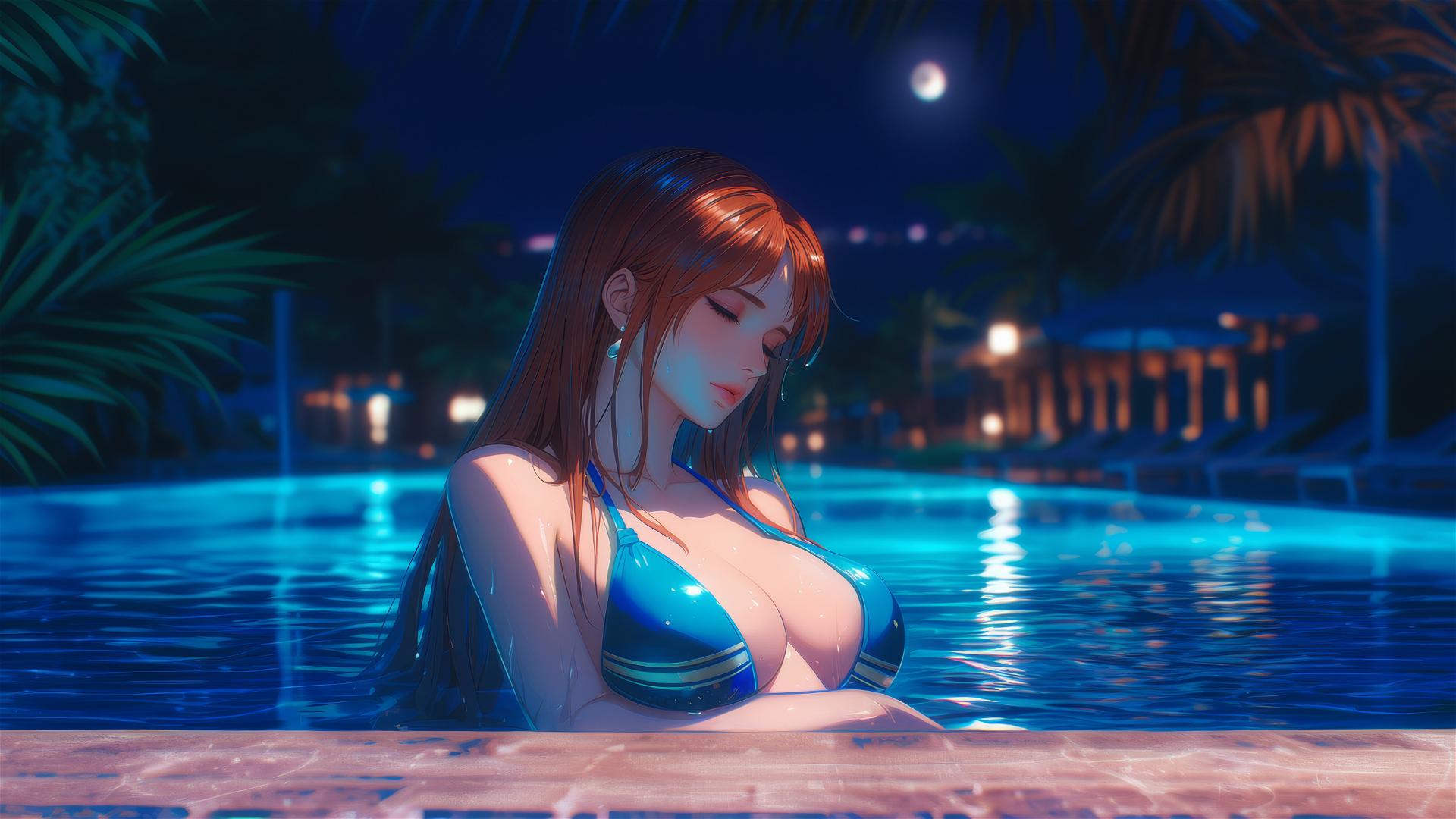 Nami from One Piece resting by a moonlit pool on a rainy night