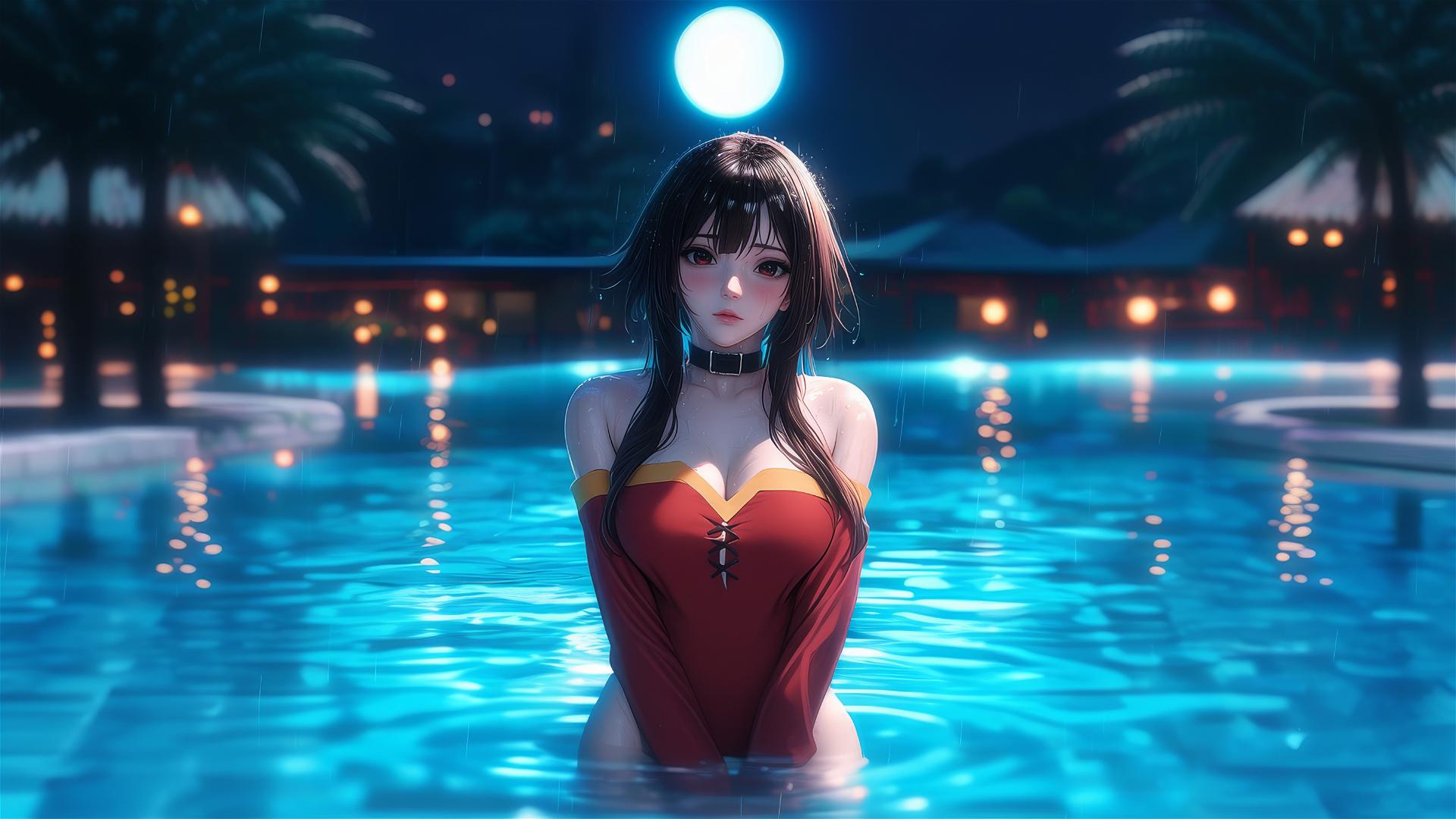 Megumin from KonoSuba standing in a swimming pool under moonlight with rain