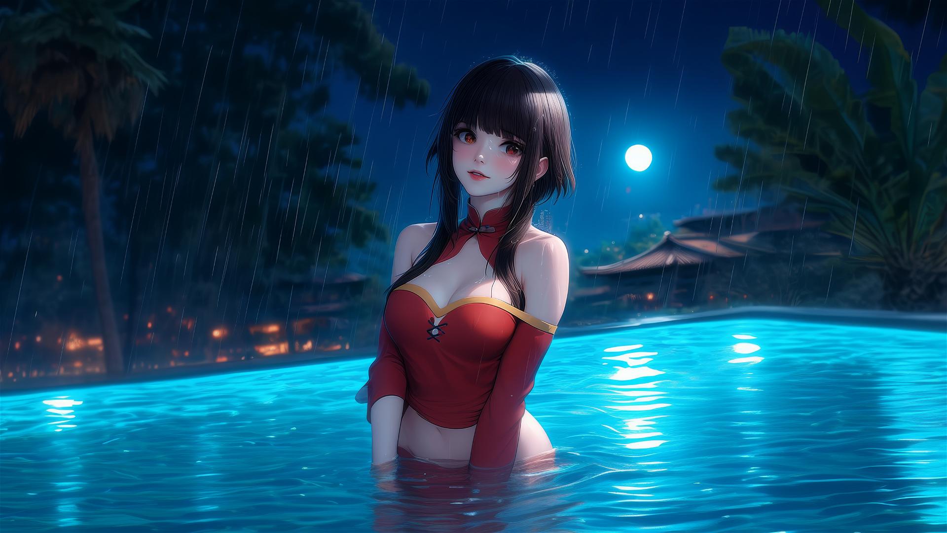 Megumin from KonoSuba in a swimming pool under moonlight on a rainy night