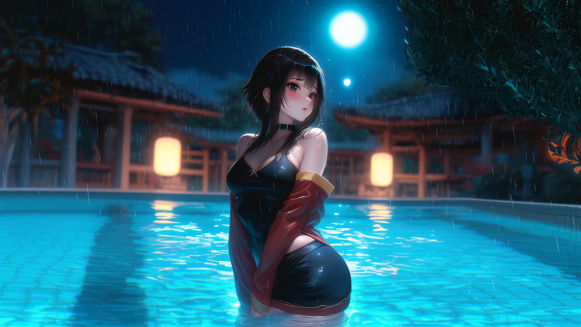 Megumin from KonoSuba stands in a swimming pool under moonlight, with rain falling