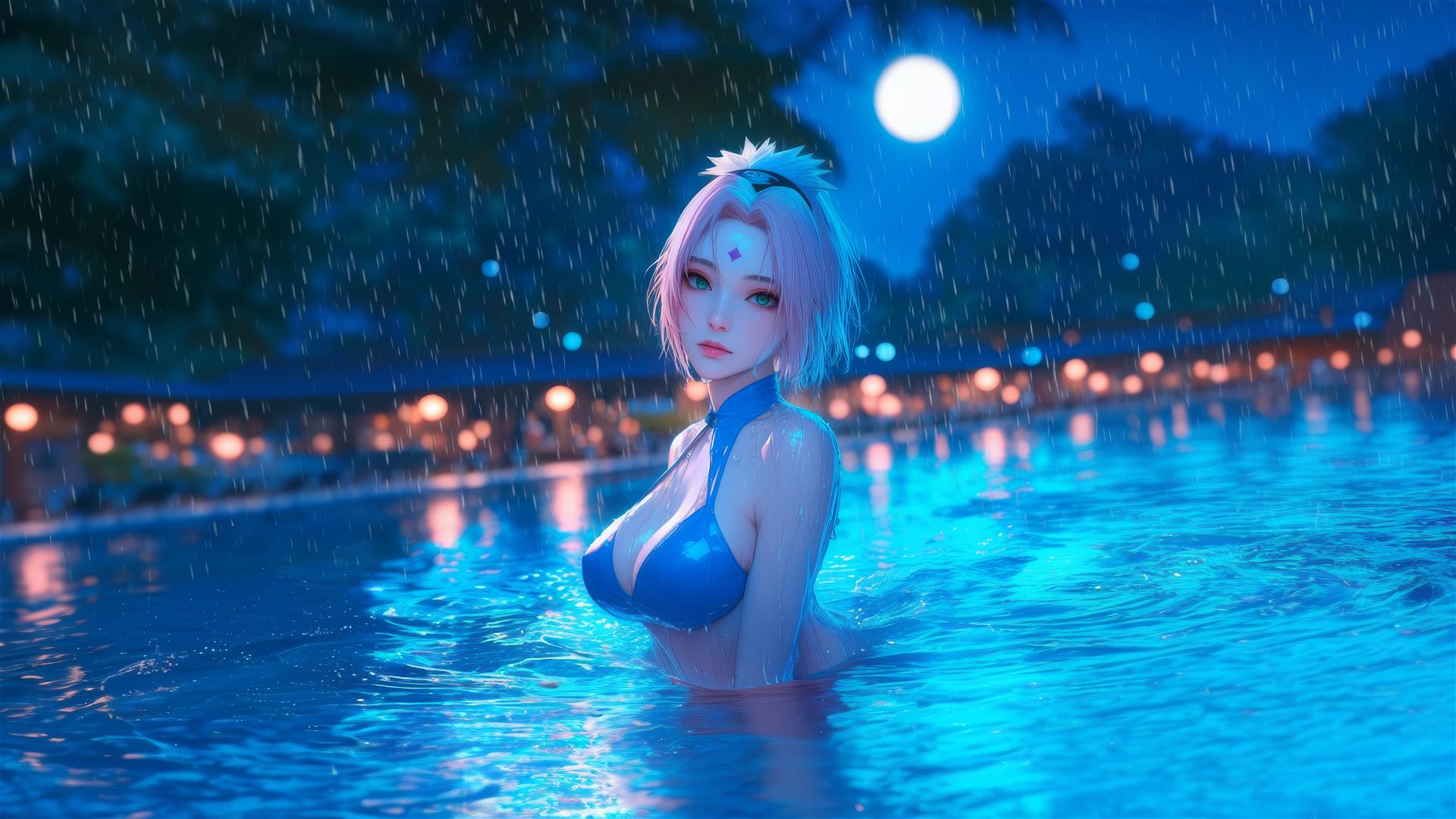 Haruno Sakura standing in a rainy swimming pool under moonlight