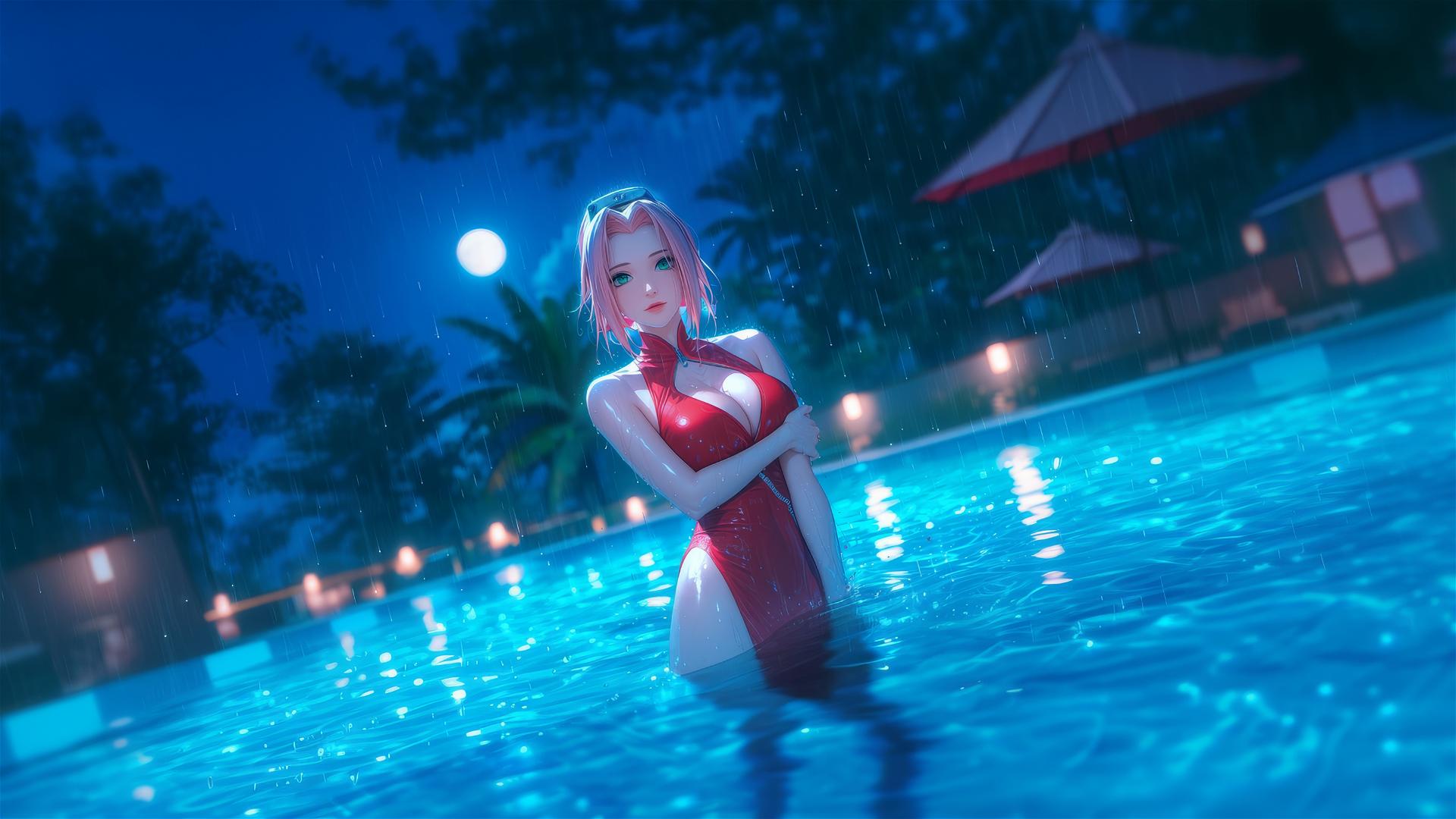 Haruno Sakura standing in a rainy swimming pool under moonlight.