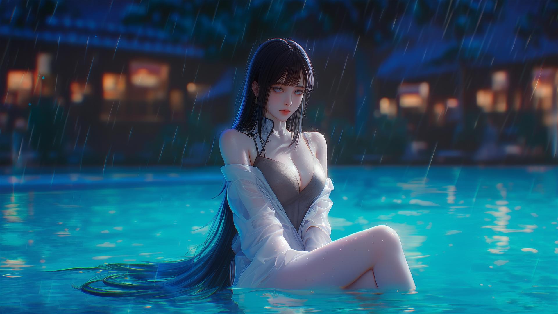 Hinata Hyuga resting by a rainy pool under moonlight