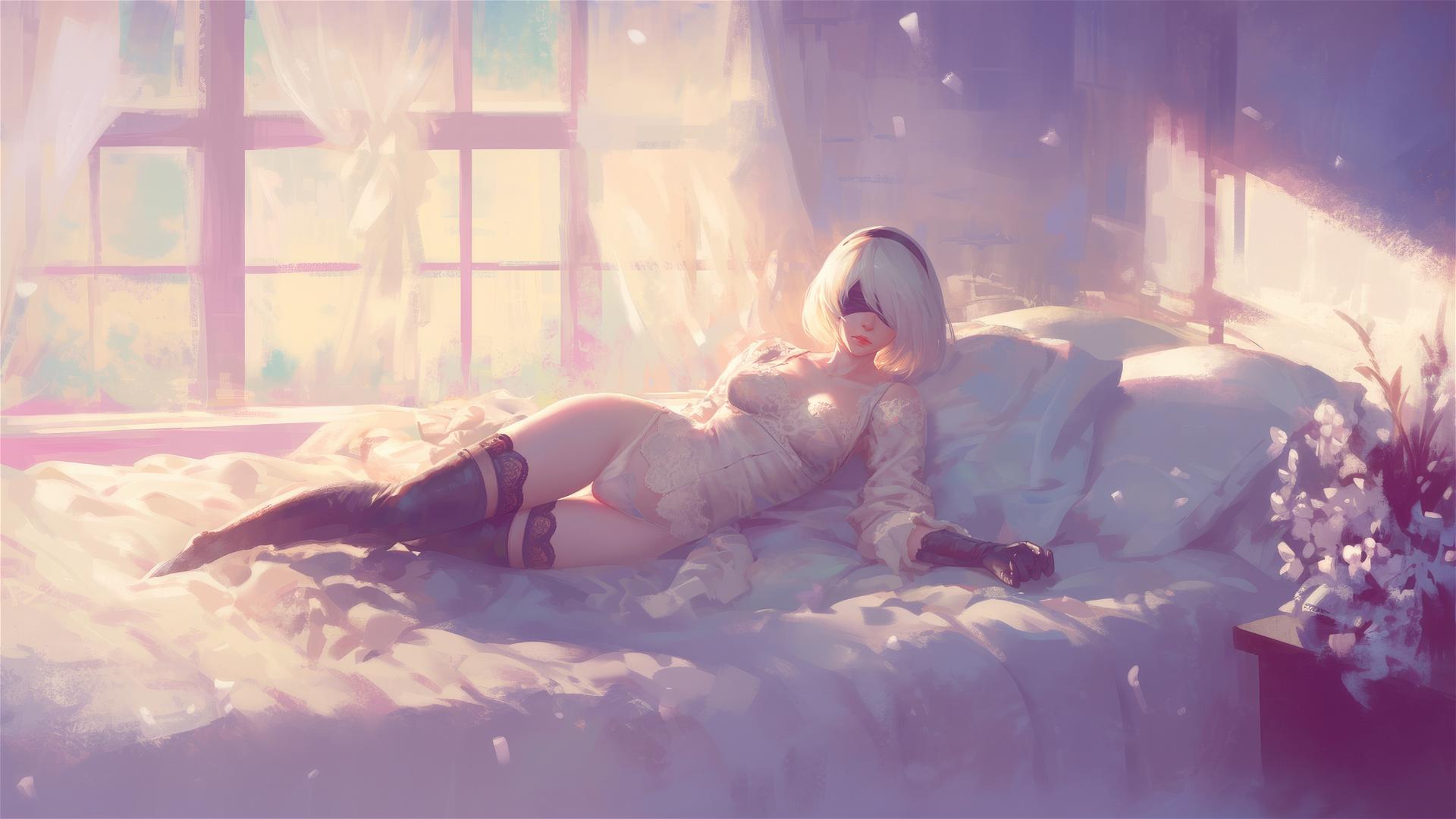 2B from Nier in white silk pajamas, resting during sunrise.