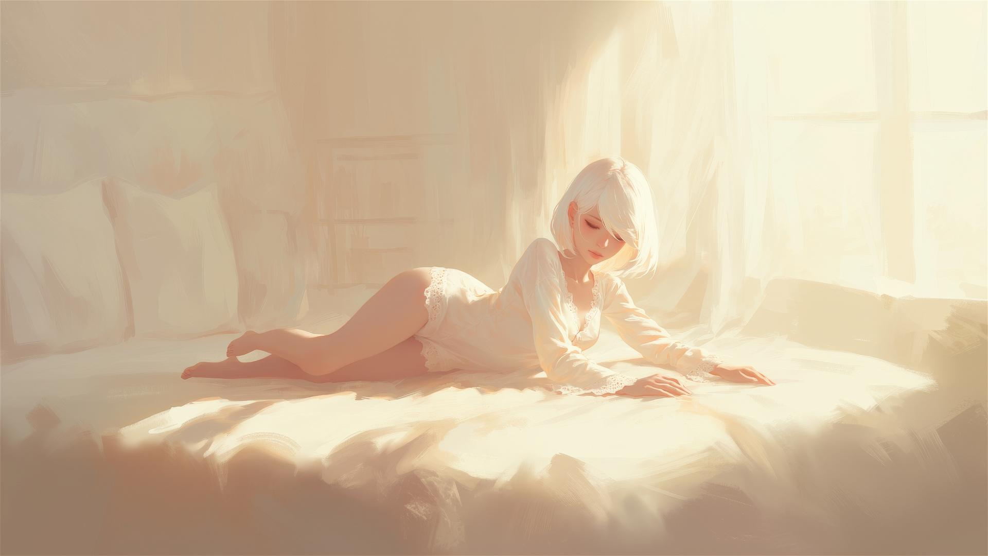2B from Nier in white modern silk pajamas relaxing at sunrise in apartment