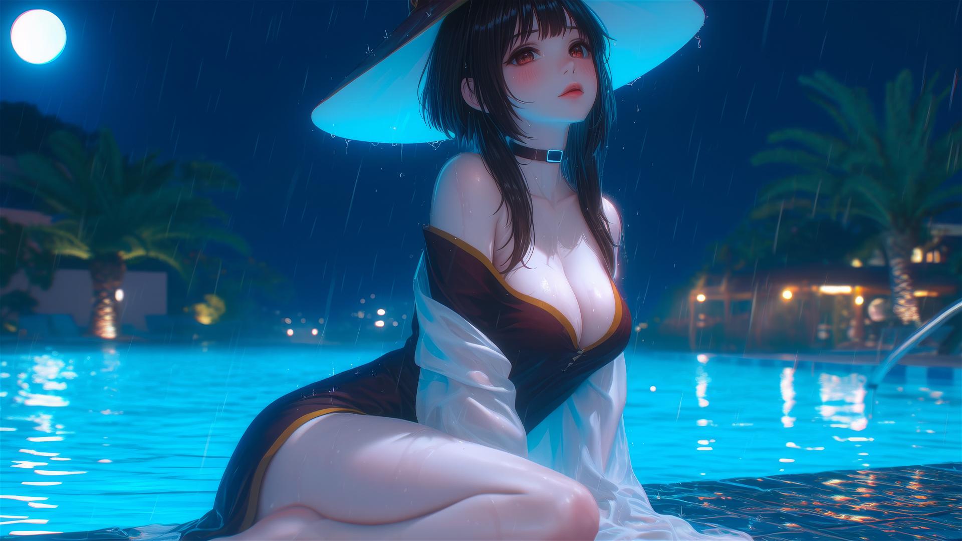 Megumin from KonoSuba resting by a rainy swimming pool under moonlight.
