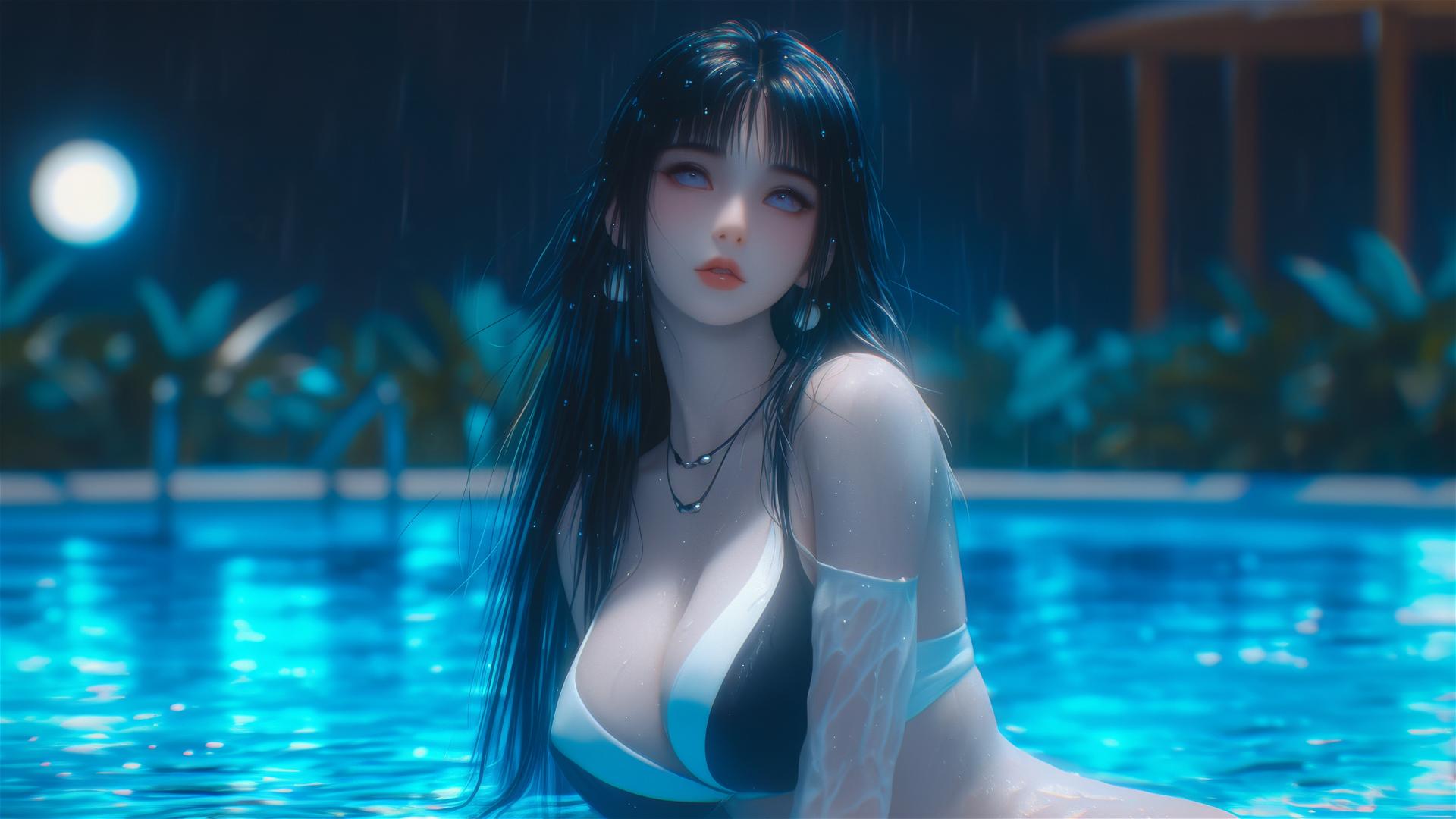 Hinata Hyuga by a rainy swimming pool illuminated by moonlight
