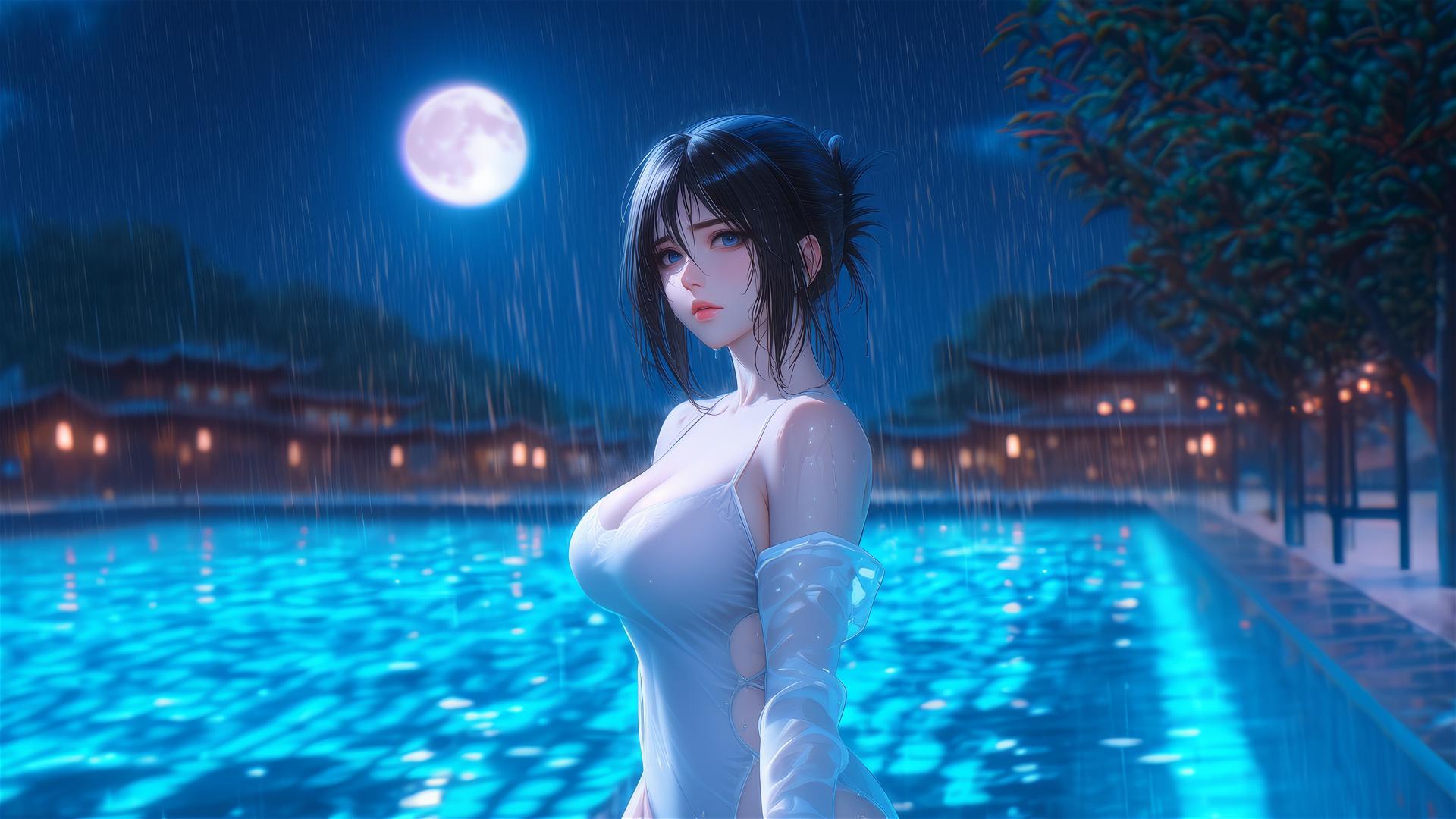 Mikasa Ackerman standing in a rainy swimming pool under moonlight in a pink dress