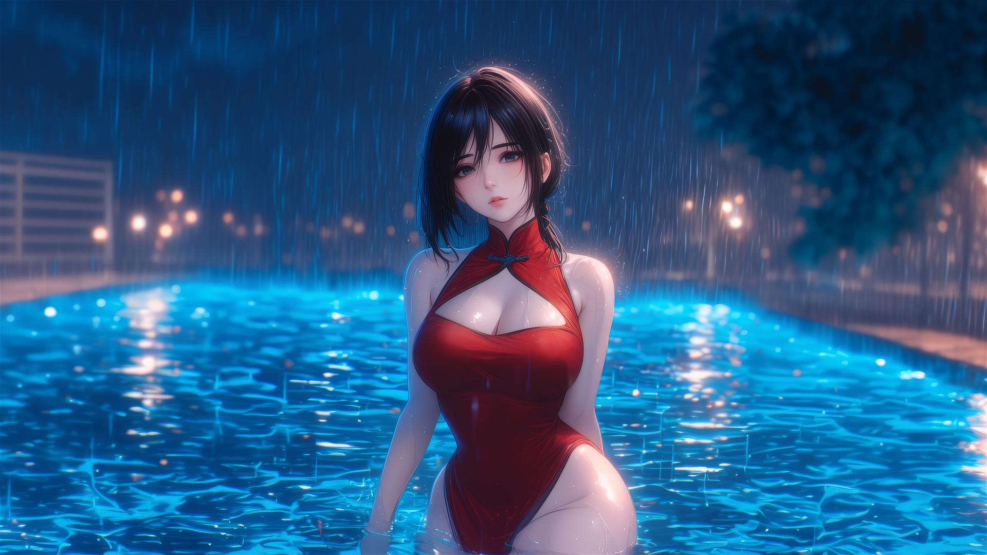 Mikasa Ackerman from Attack on Titan standing in rainy swimming pool under moonlight