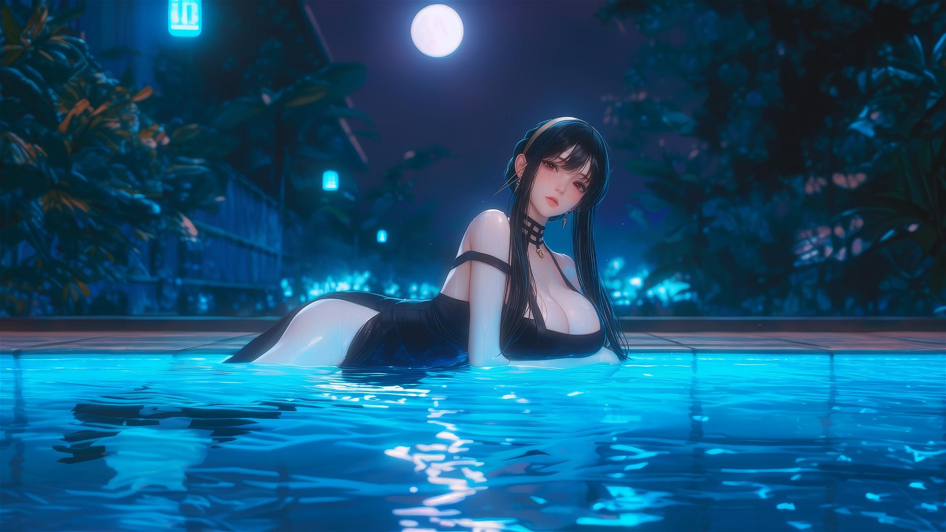 Yor Forger resting by a pool under moonlight