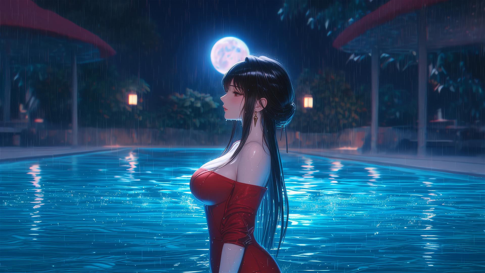 Yor Forger standing in a rainy swimming pool under moonlight