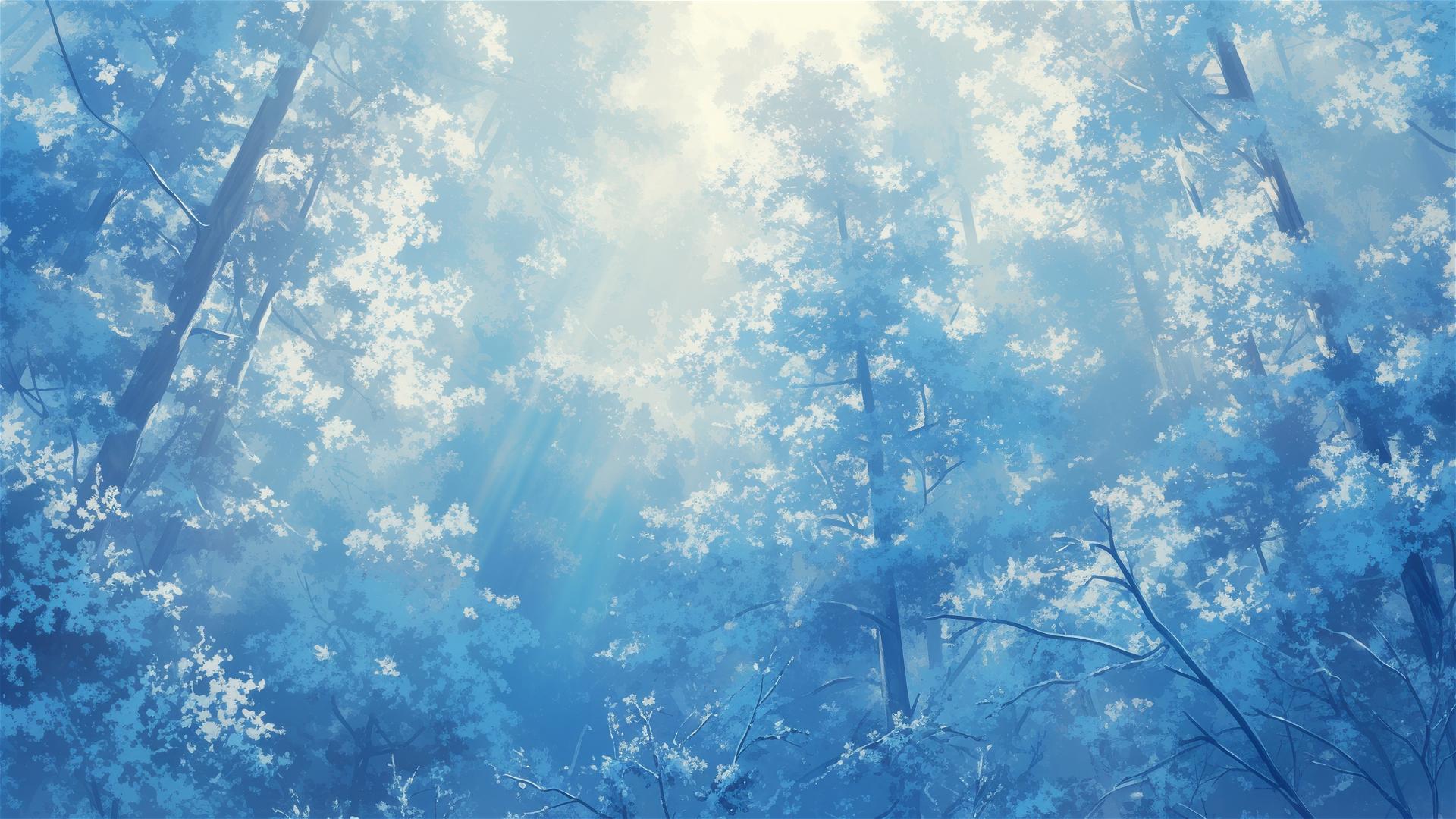 Frost-covered forest under early morning blue light