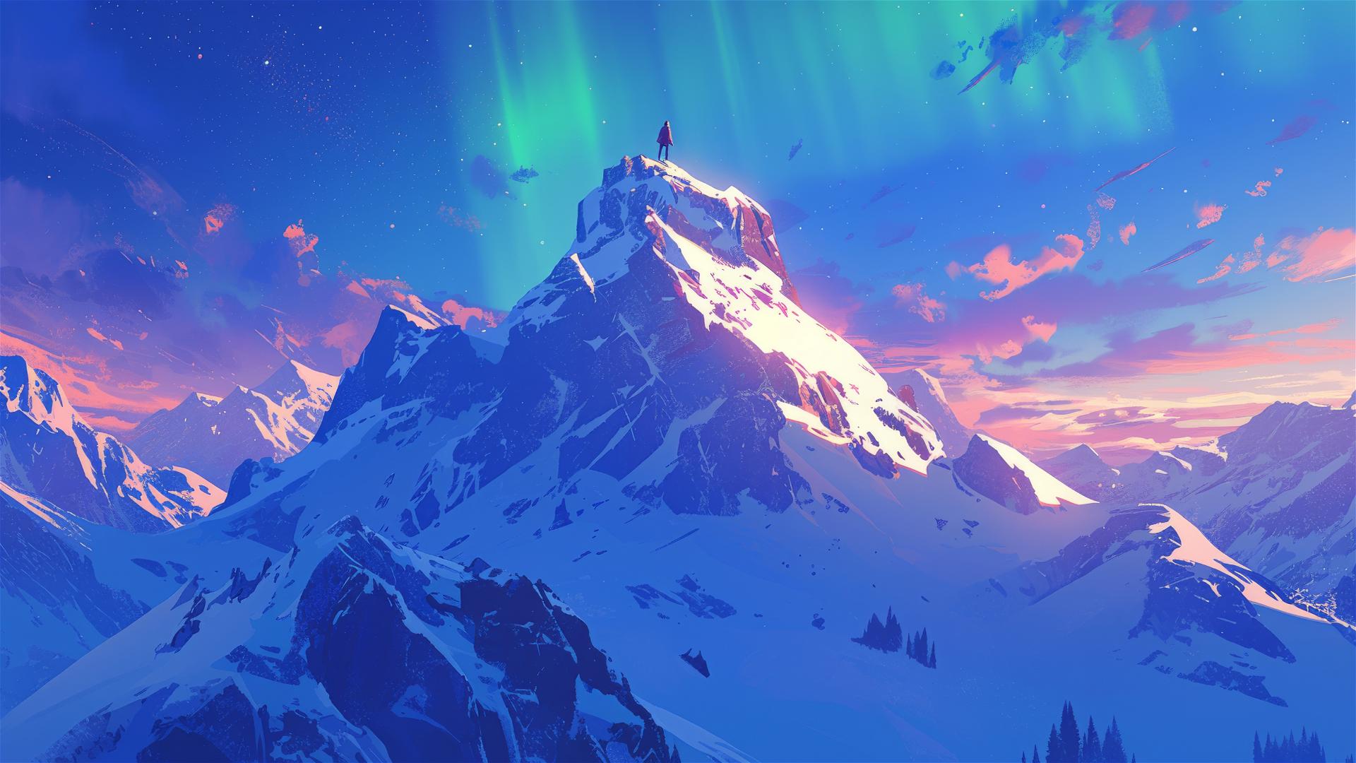 Snowy mountain peak with aurora borealis