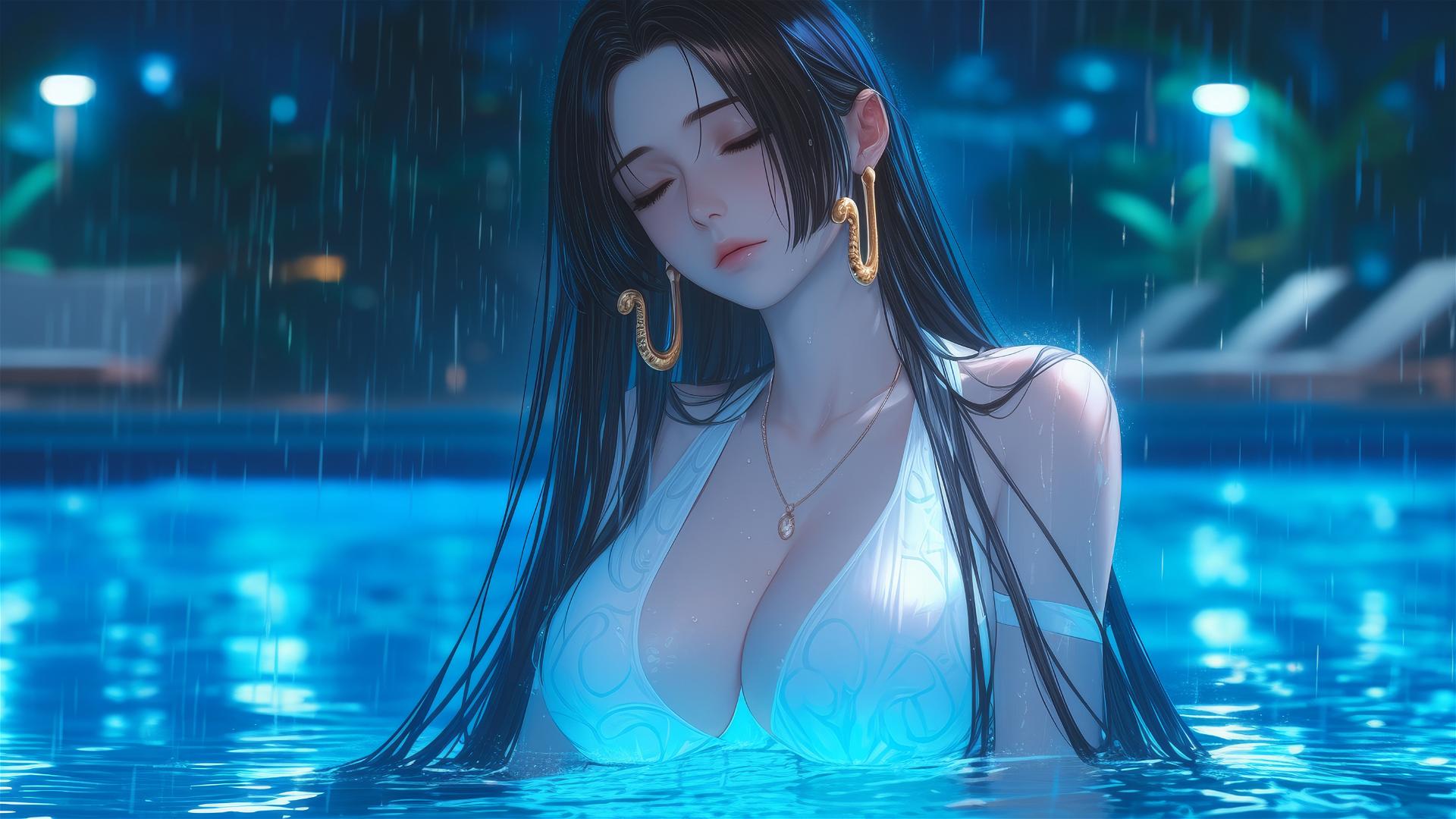 Boa Hancock resting by a rainy swimming pool under moonlight in a white dress