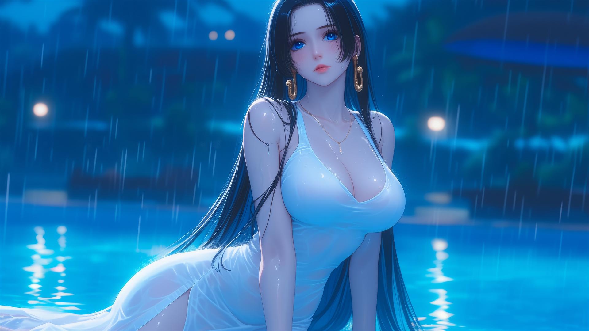 Boa Hancock from One Piece resting by a rainy swimming pool under moonlight.