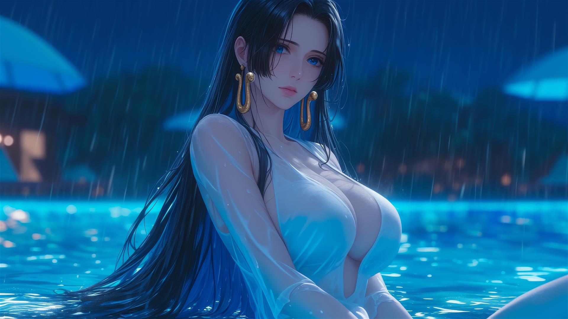 Boa Hancock resting by a rainy swimming pool under moonlight, dressed in white.