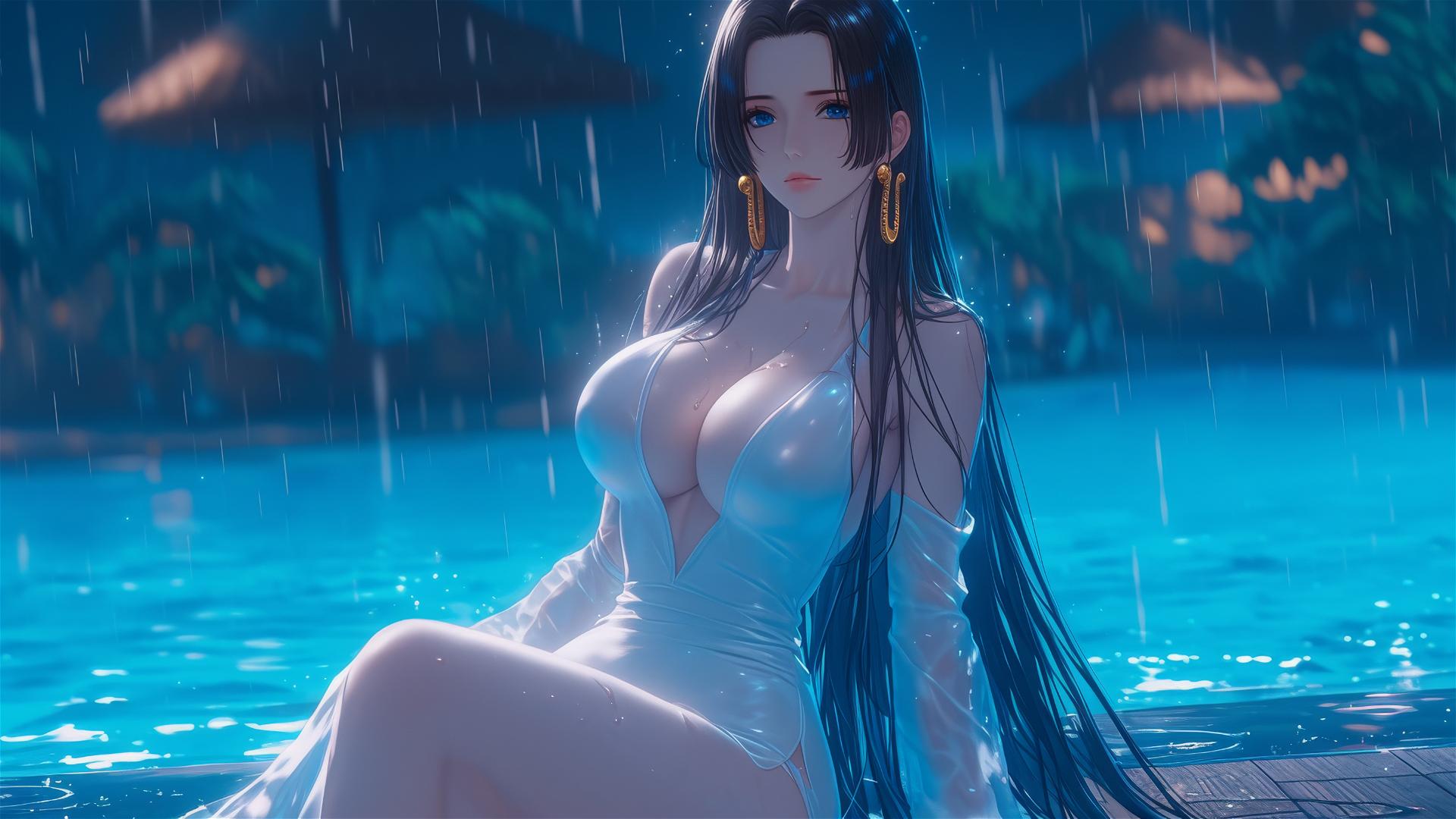 Boa Hancock relaxing by a rainy swimming pool under moonlight in a pink dress