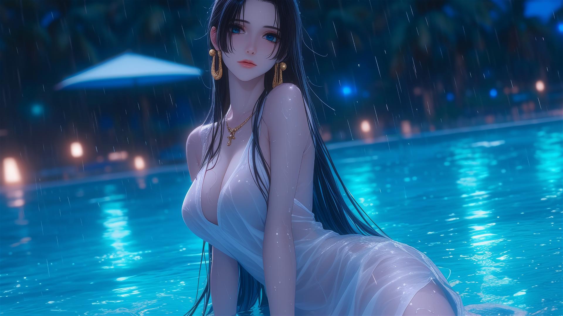 Boa Hancock from One Piece resting by a rainy swimming pool under moonlight in a pink dress.