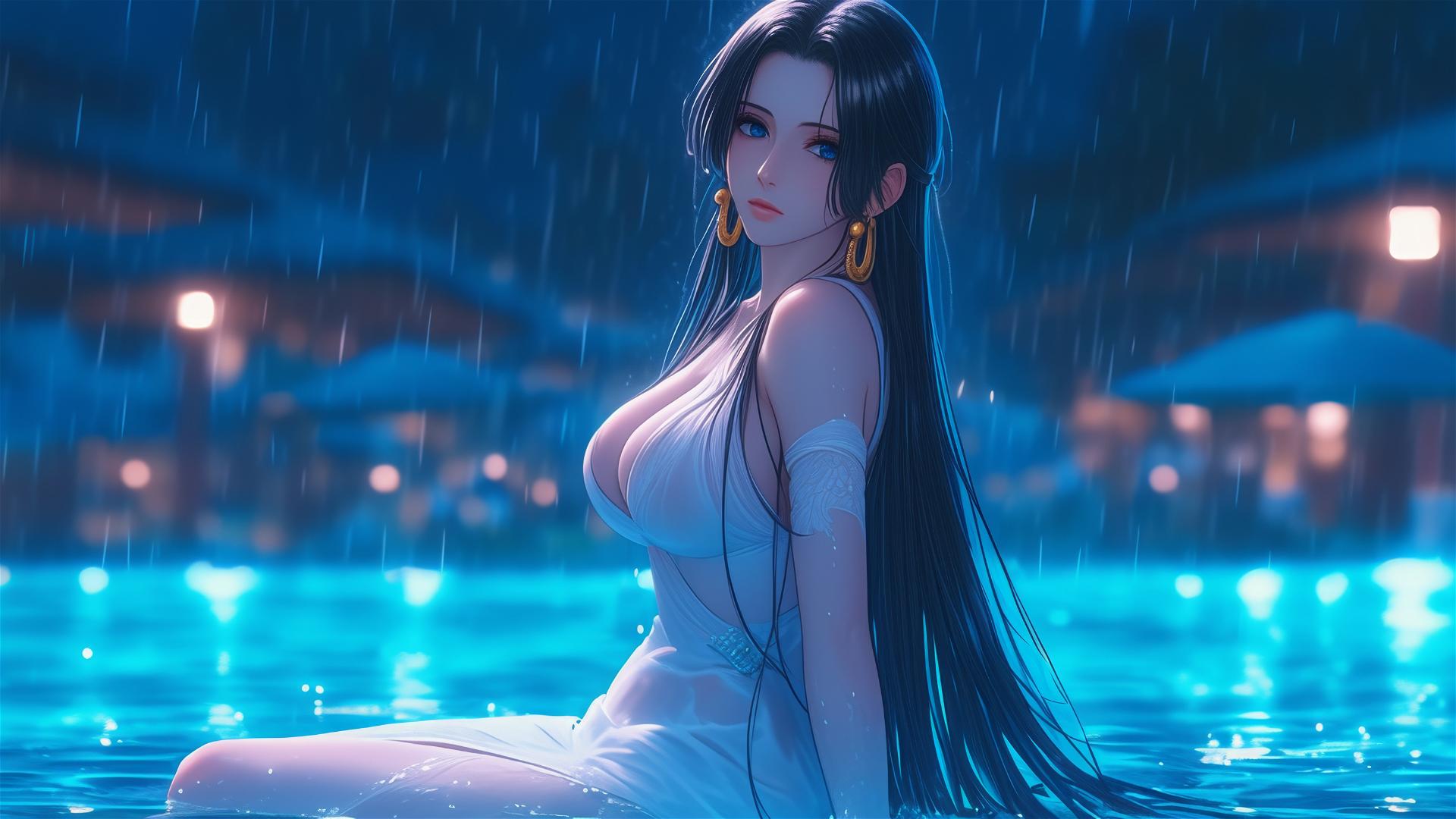 Boa Hancock relaxing by a rainy swimming pool under moonlight in a pink dress